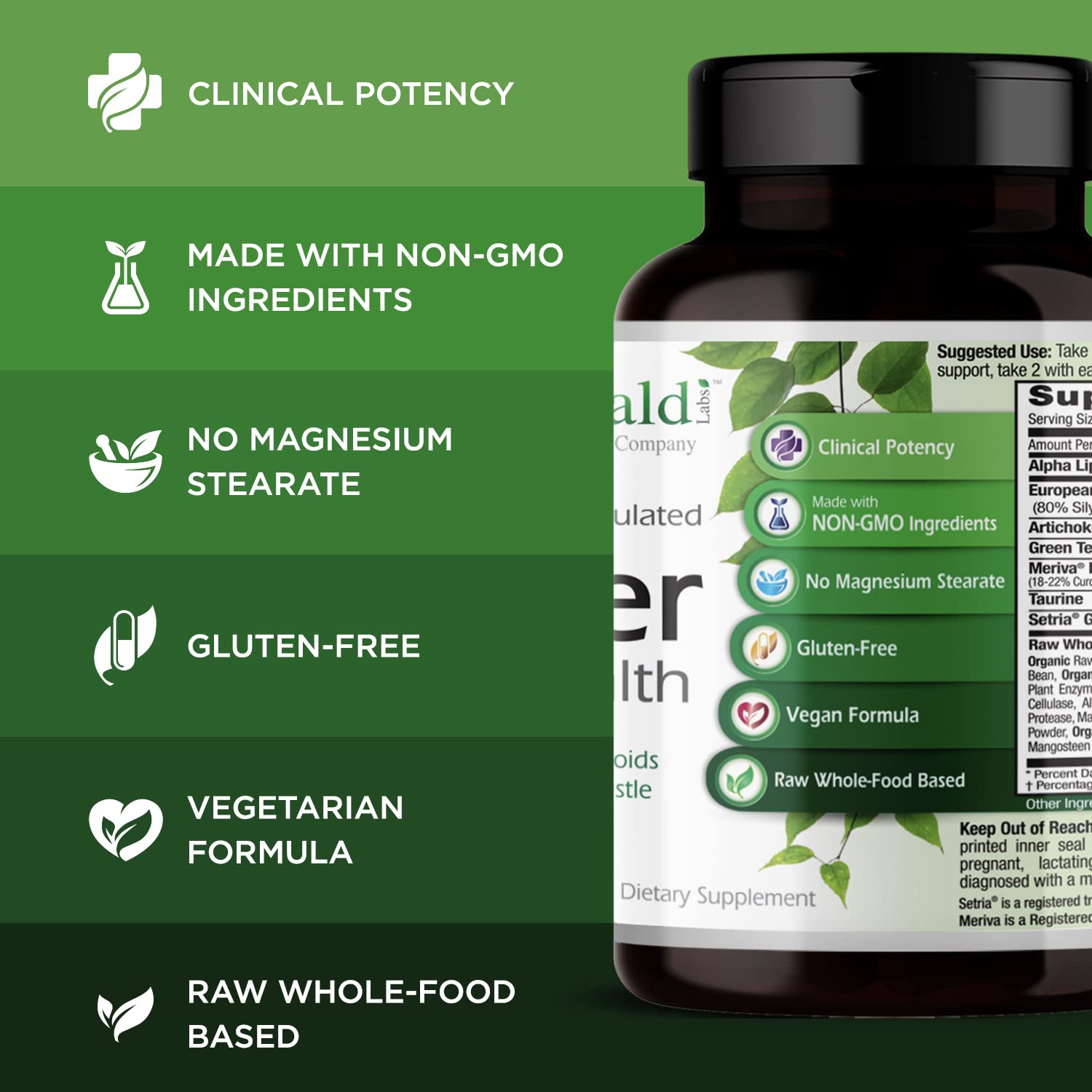 Étiquette lisible Emerald Labs Liver Health montrant les ingrédients.