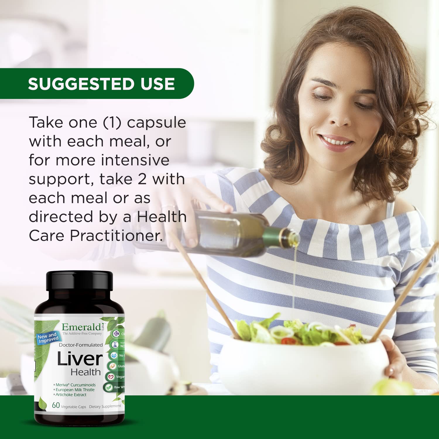 Ingrédients européens, chardon-Marie visibles sur l'emballage Emerald Labs Liver Health.
