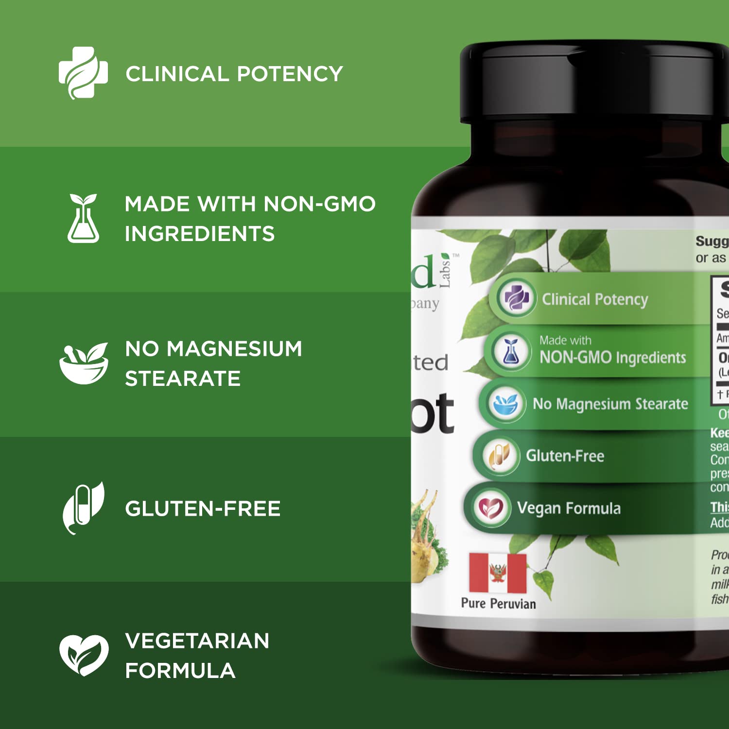 Emerald Labs Maca: étiquette vegan et sans gluten pour choix sûr.