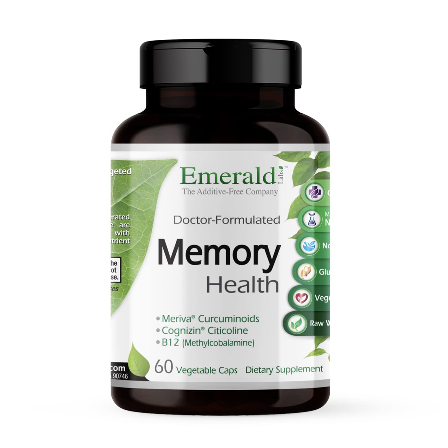 Gélules végétales Emerald Labs Memory Health dans une bouteille, soutien potentiel à la concentration.