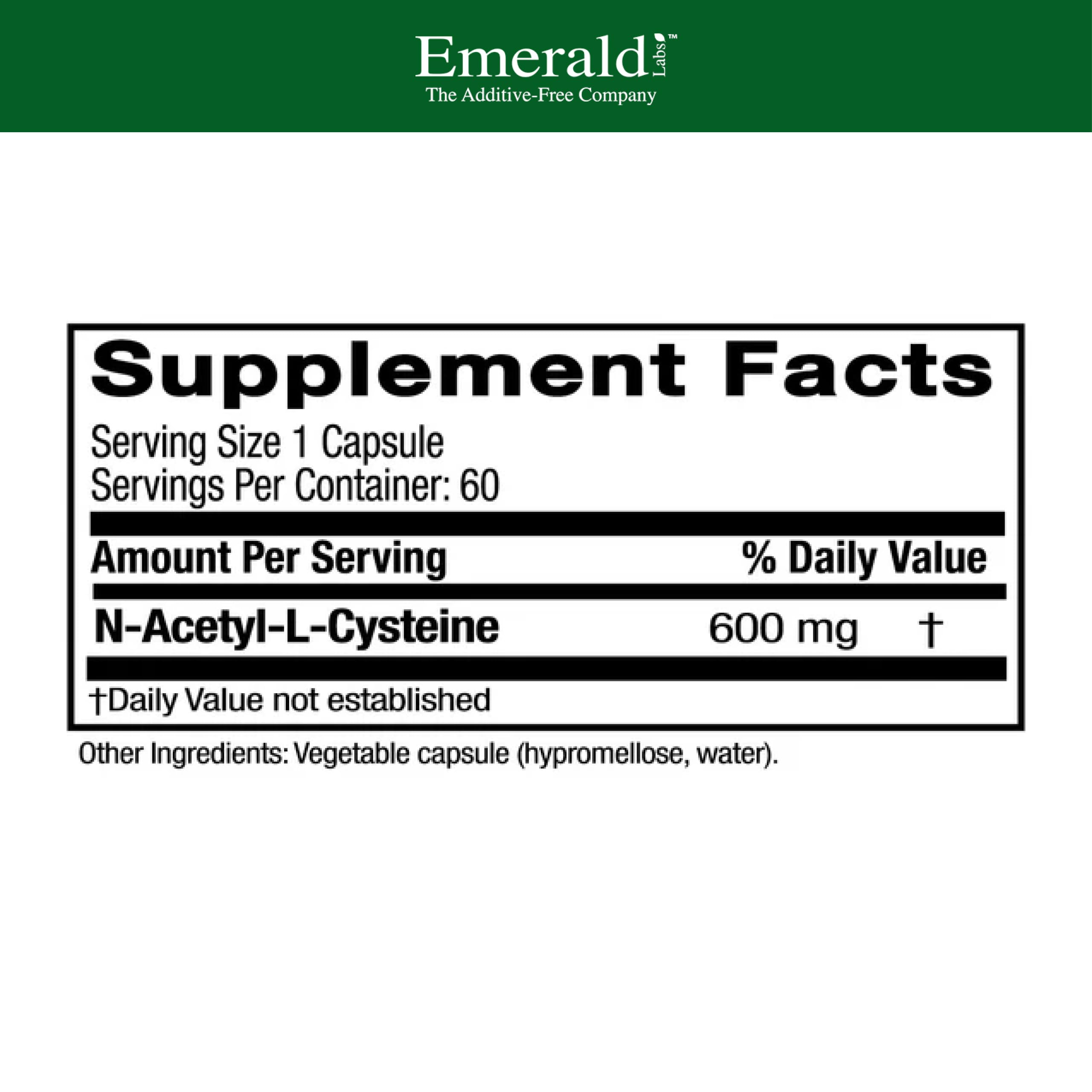 EMERALD LABS NAC 600mg, capsules végétales visibles dans le flacon.