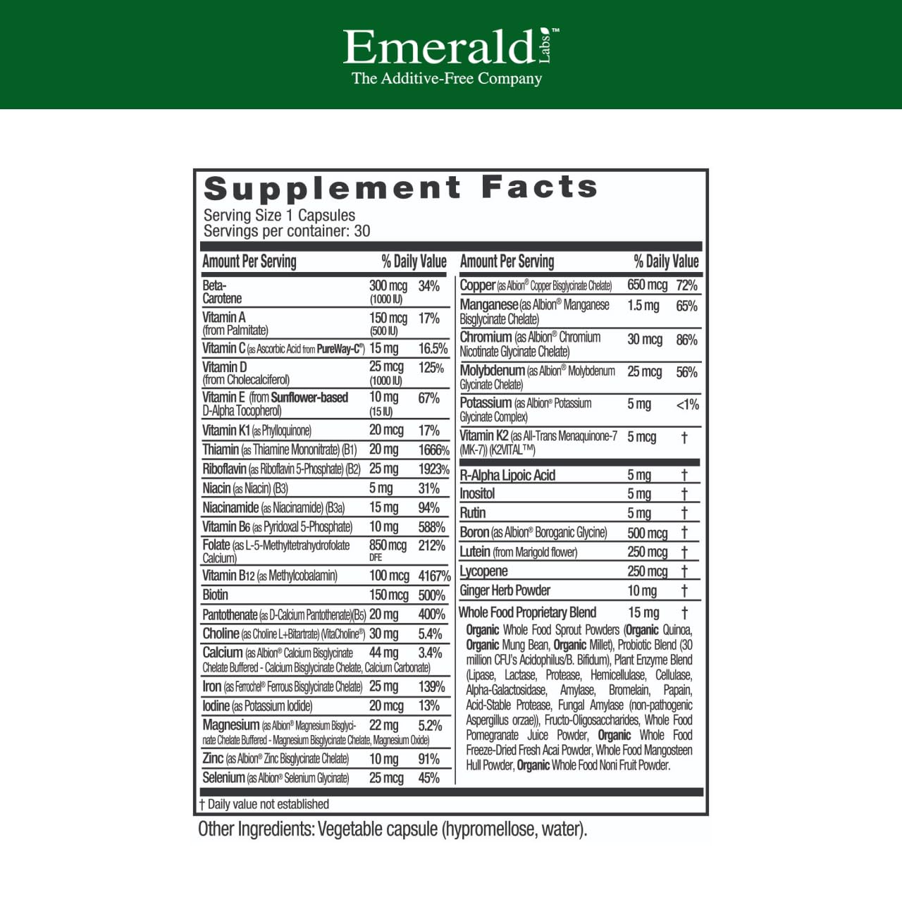 Boîte Emerald Labs Prenatal 1-Daily Multi montrant l’emballage clair.