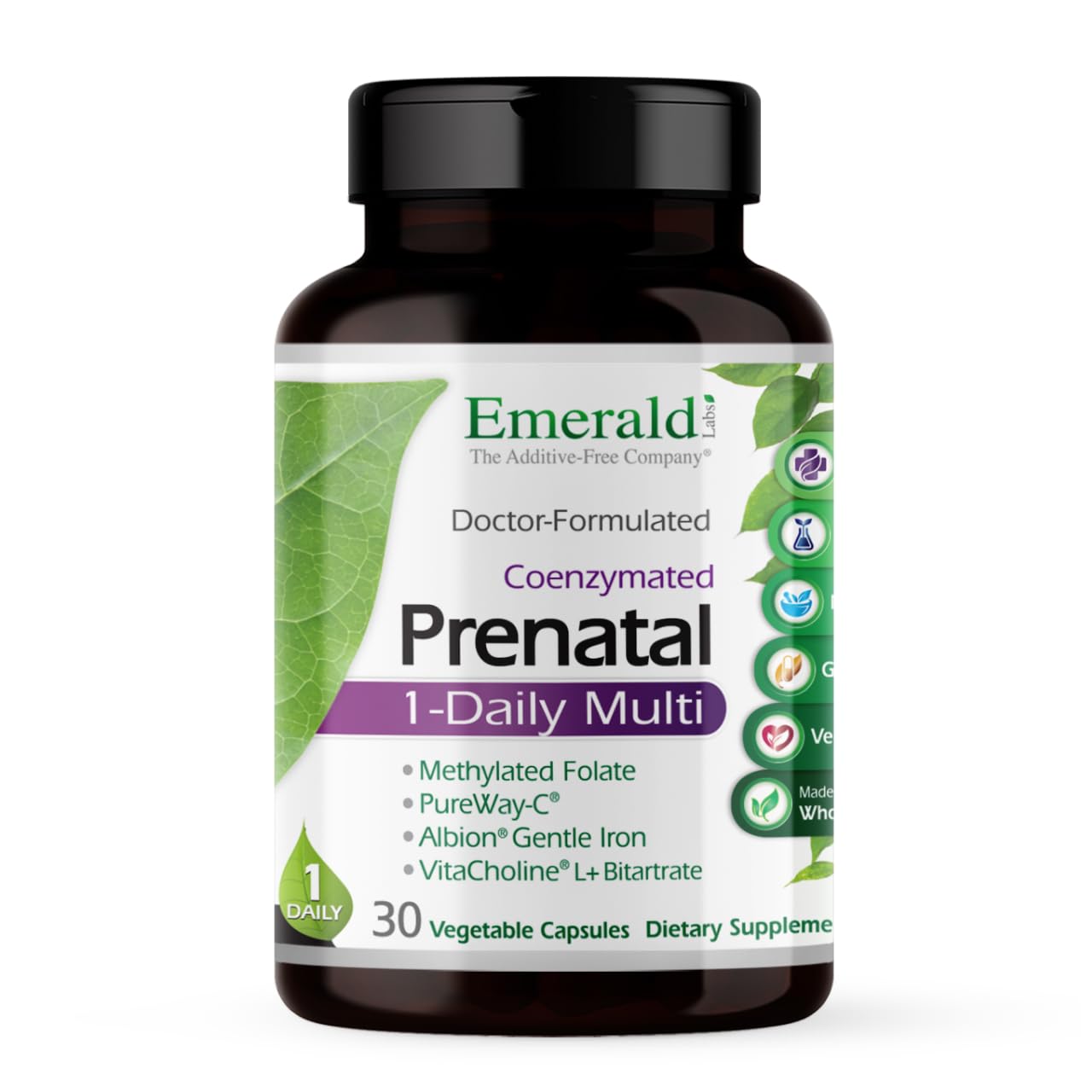 Cap­sules végétales Emerald Labs Prenatal 1-Daily Multi faciles à prendre.