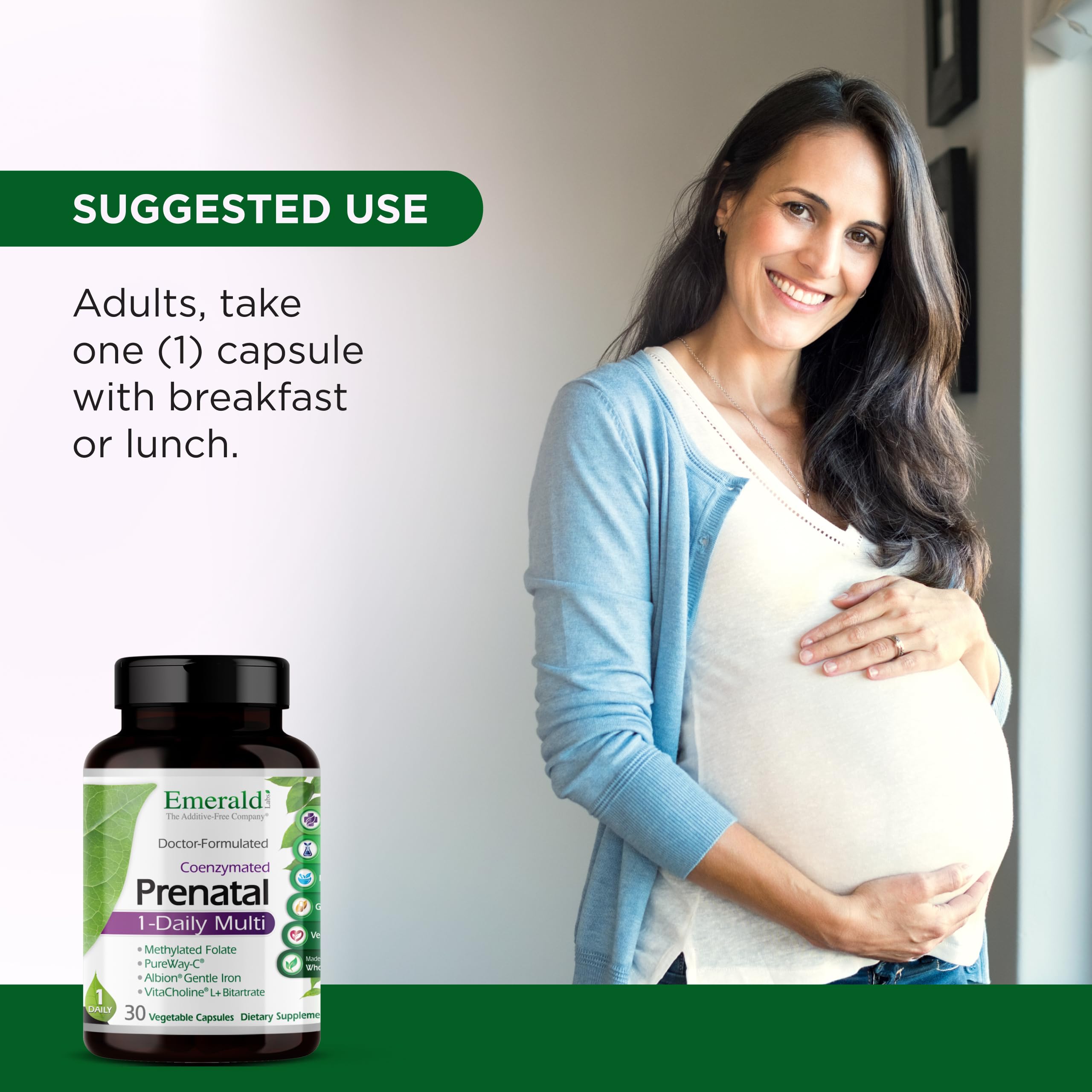 Une capsule unique par jour d’Emerald Labs Prenatal pour simplifier la routine.