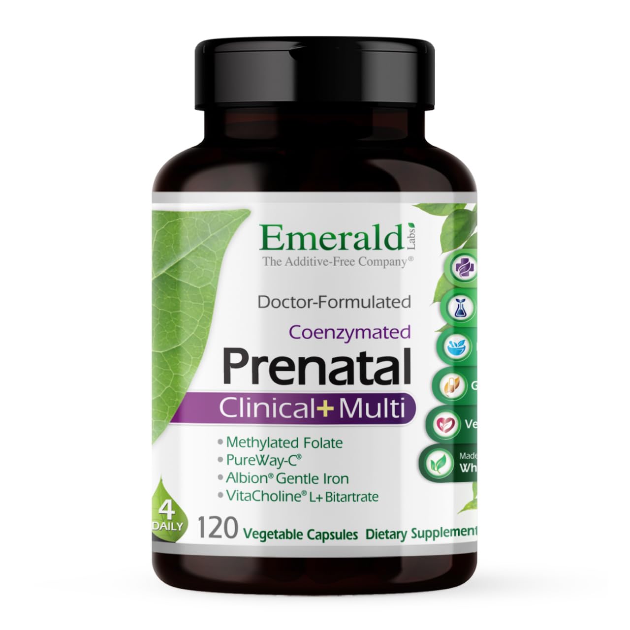 EMERALD LABS Prenatal Multi: bouteille visible, soutien nutritionnel prénatal potentiel.