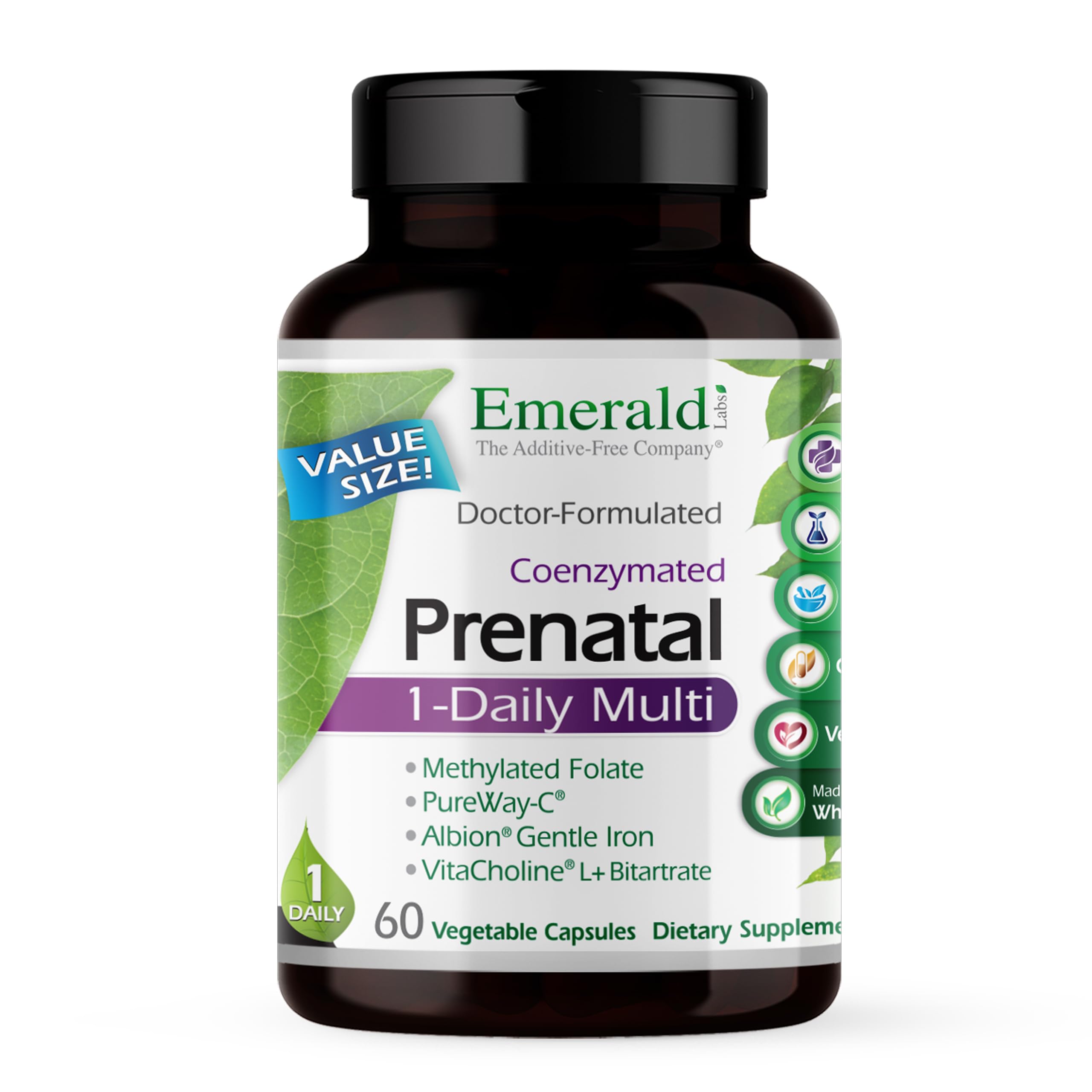 EMERALD LABS Prénatal: bouteille de capsules végétales faciles à avaler.