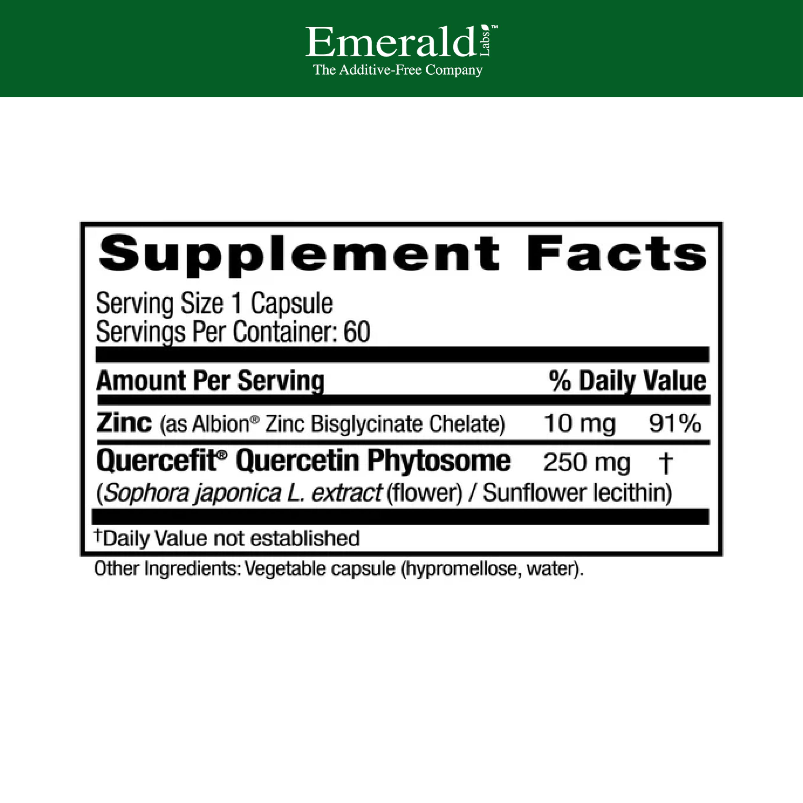 Capsules végétales EMERALD LABS Quercetin Phytosome Plus, faciles à avaler et vegan.