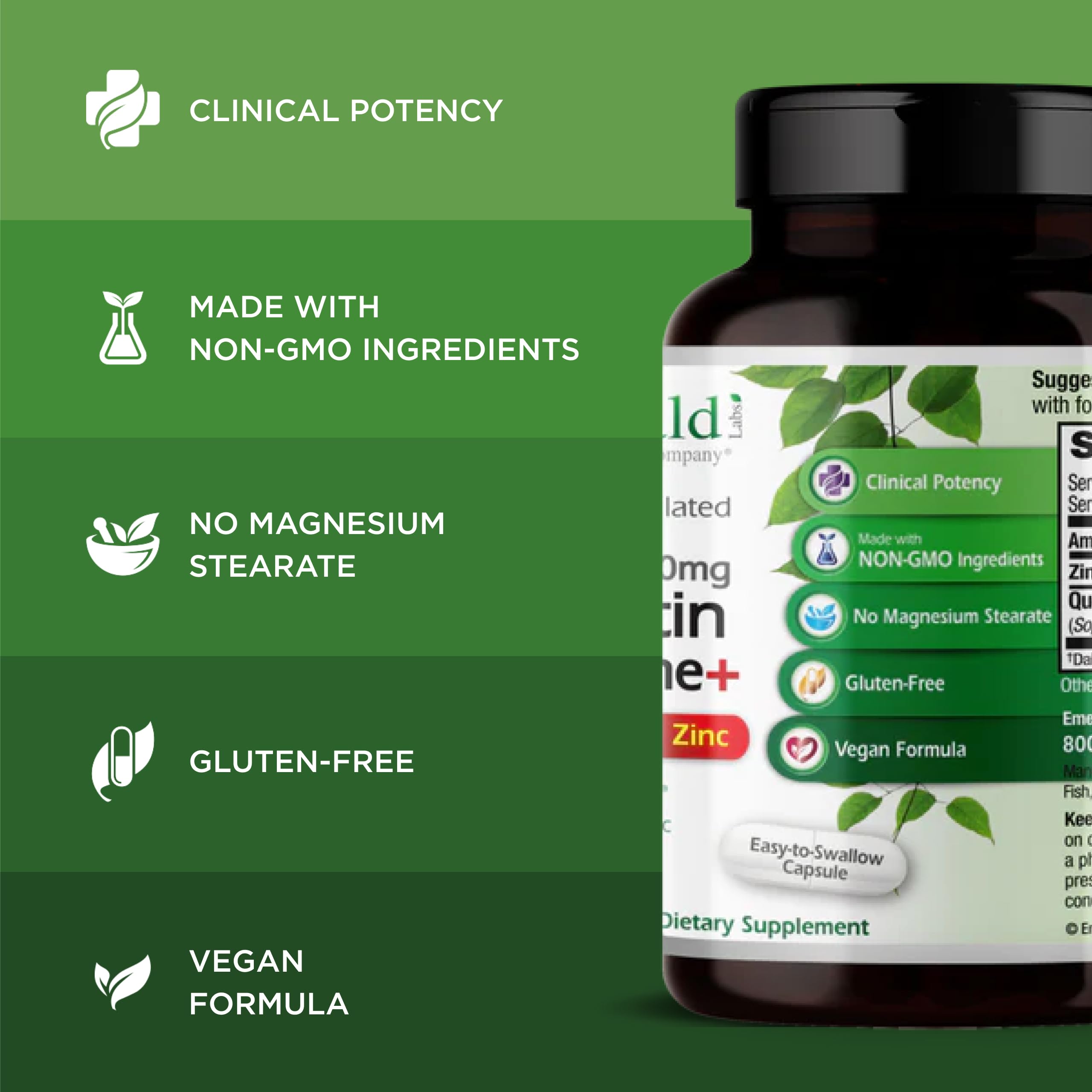 Étiquette EMERALD LABS Quercetin Phytosome Plus avec informations claires sur les ingrédients.