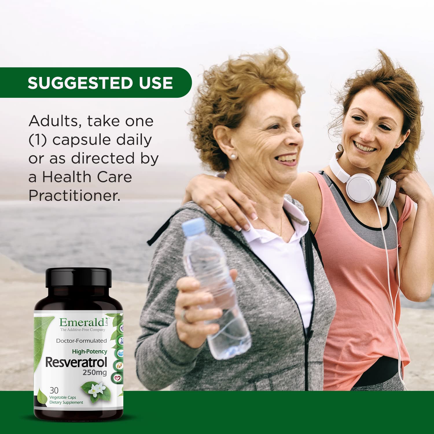 Formule vegan Emerald Labs Resveratrol sans gluten ni additifs, pureté garantie.