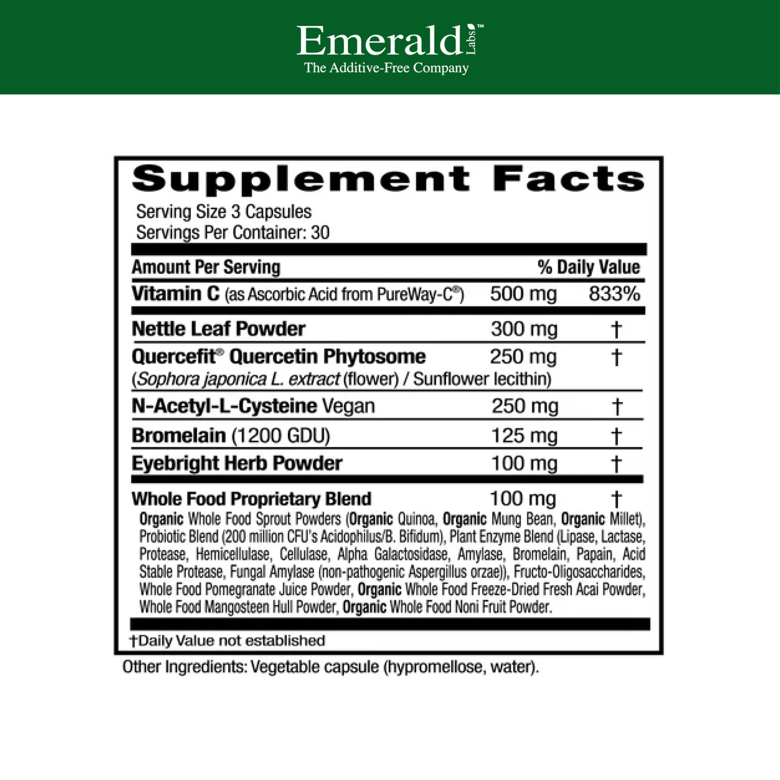 Étiquette EMERALD LABS Santé Allergie avec formule naturelle et informations claires.