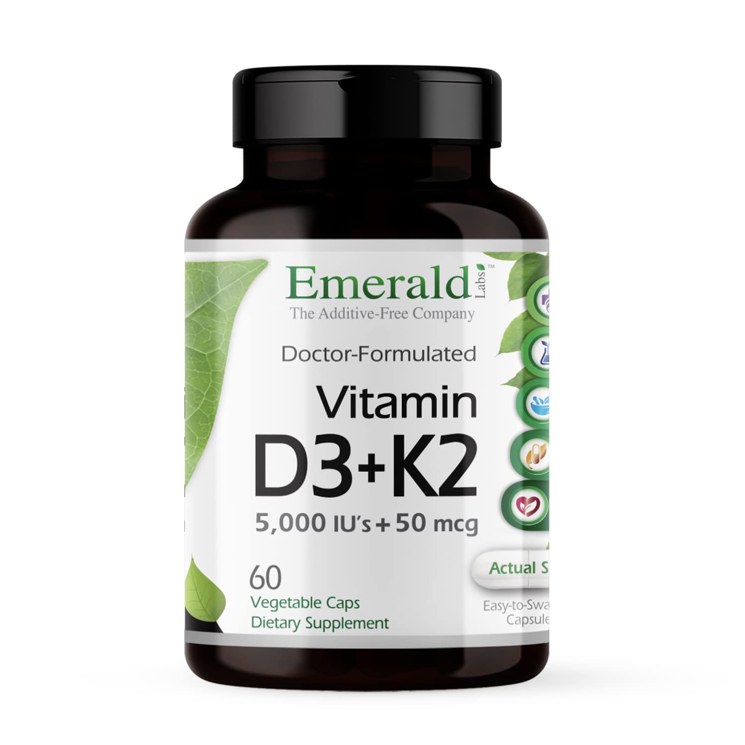 EMERALD LABS Vitamine D3+K2, bouteille végétale montrant le concept de compléments pour la santé des os.