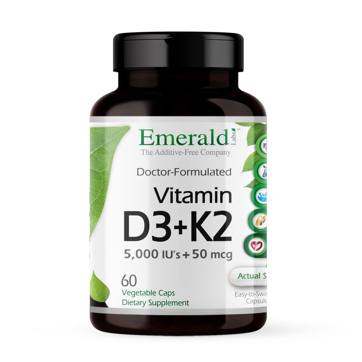 EMERALD LABS Vitamine D3+K2, bouteille végétale montrant le concept de compléments pour la santé des os.