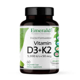 EMERALD LABS Vitamine D3+K2, bouteille végétale montrant le concept de compléments pour la santé des os.