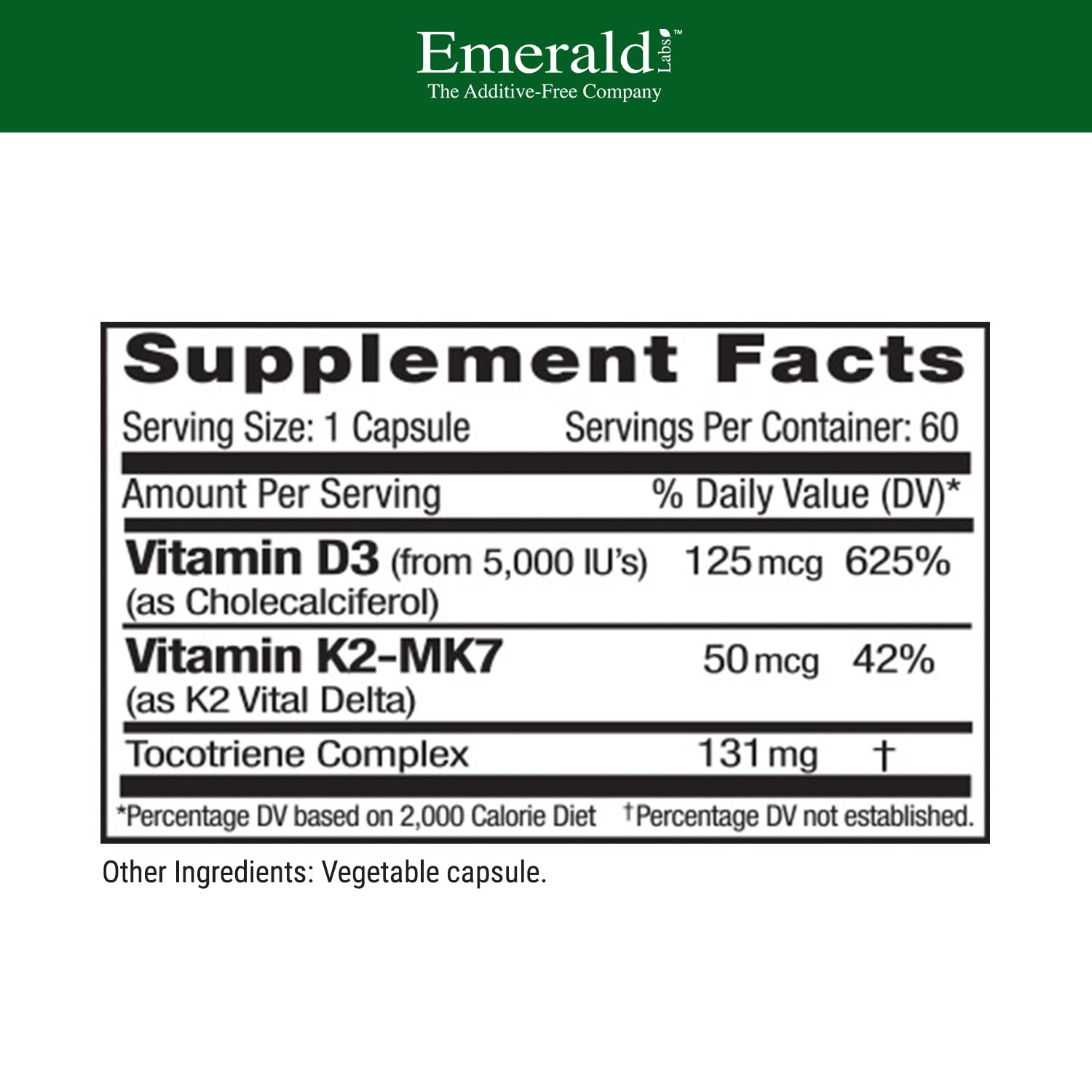 EMERALD LABS Vitamine D3+K2, gélules végétales faciles à intégrer dans la routine quotidienne.