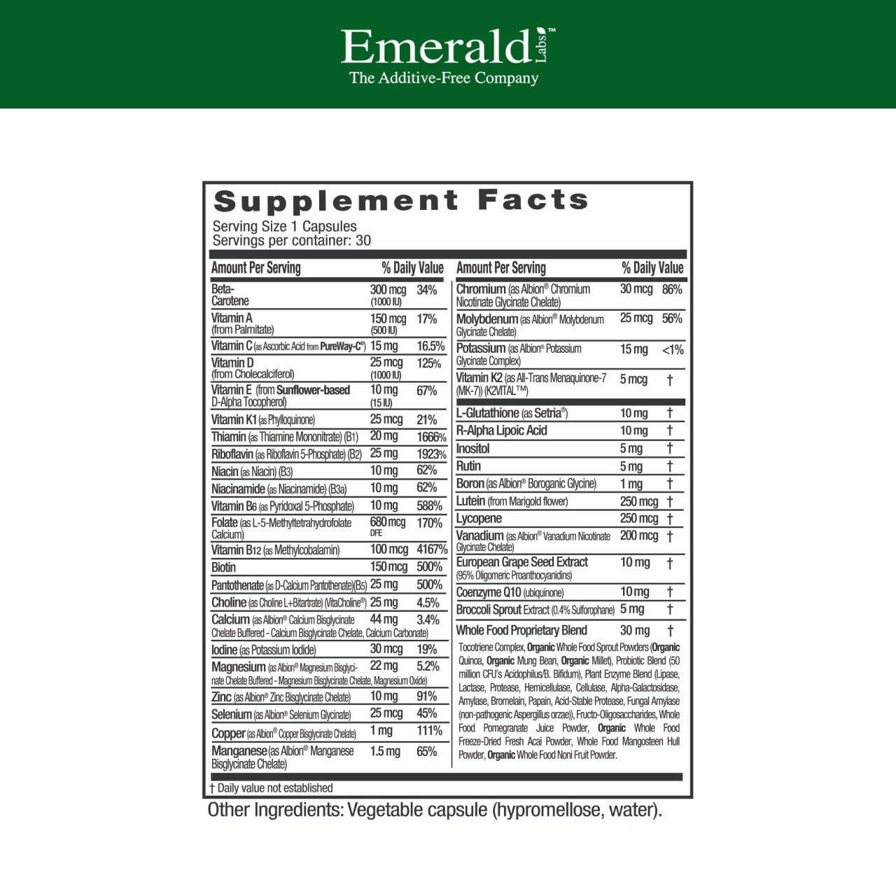EMERALD LABS Femme 45+ — etiquette-dosage: étiquette claire pour un apport quotidien adapté