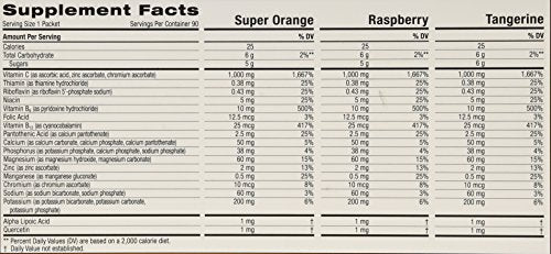Carton variétés Emergen-C, trois goûts: orange, framboise et mandarine.