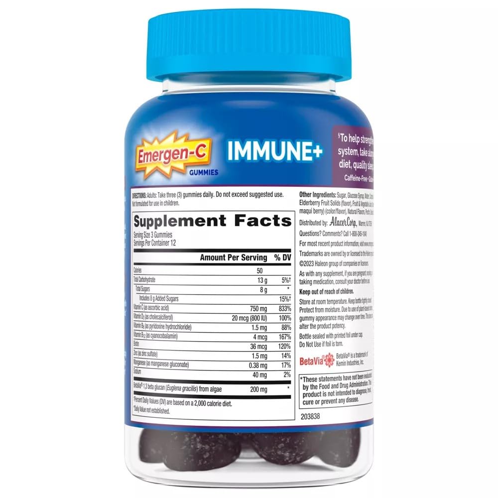 Vue rapprochée des gommes Emergen-C Immune+ Sureau, saveur naturelle et agréable.