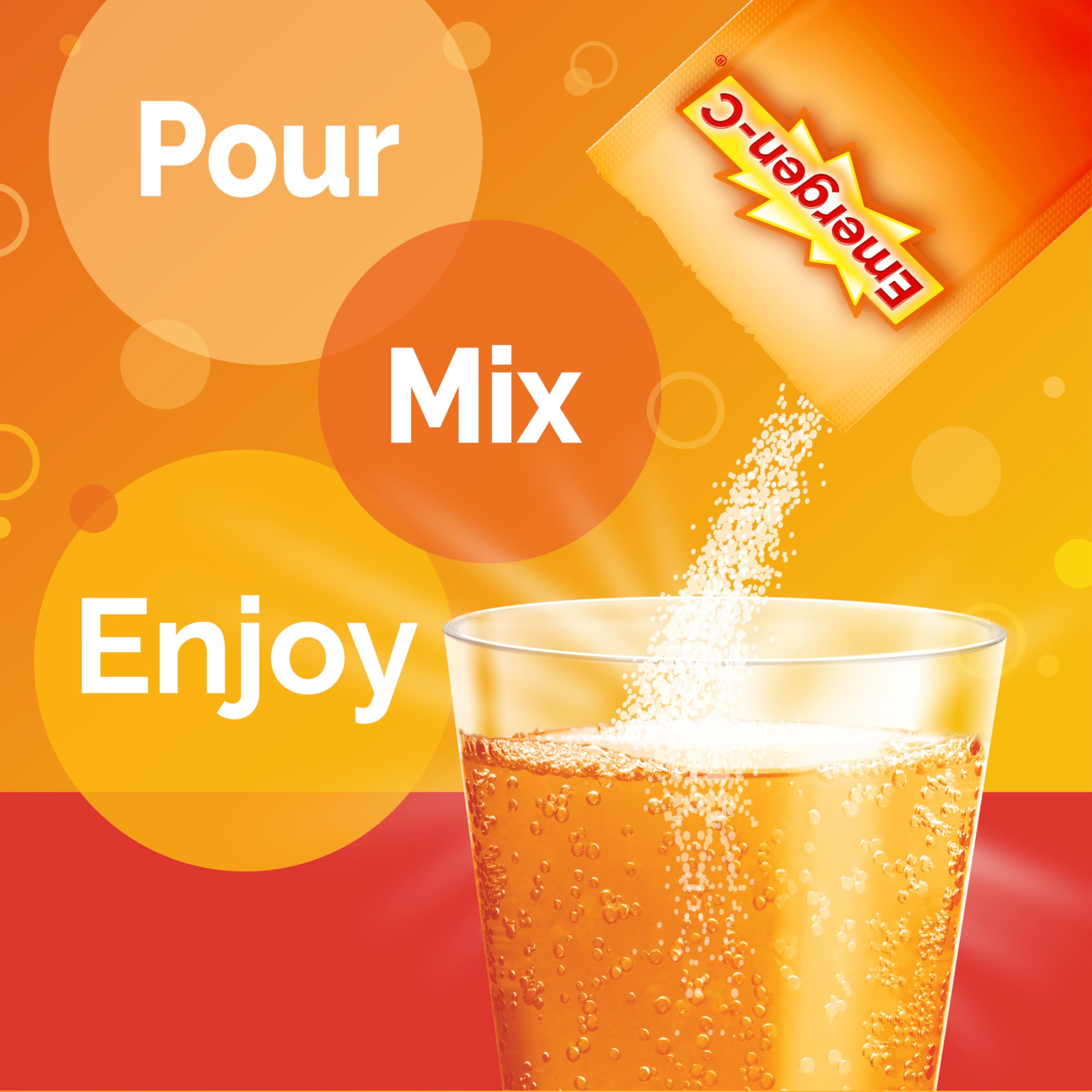 Sachets Emergen-C faciles à dissoudre dans l'eau pour une préparation rapide.