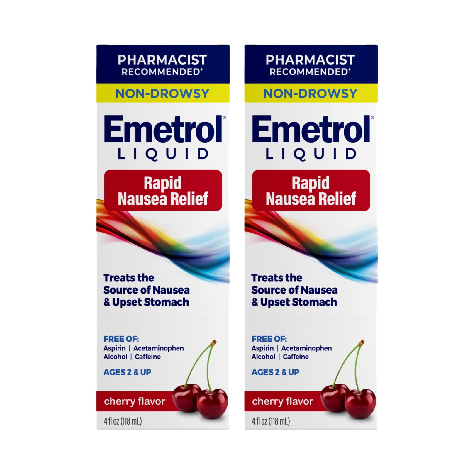 Emetrol: flacon cerise, soulage rapidement la nausée après repas lourd.