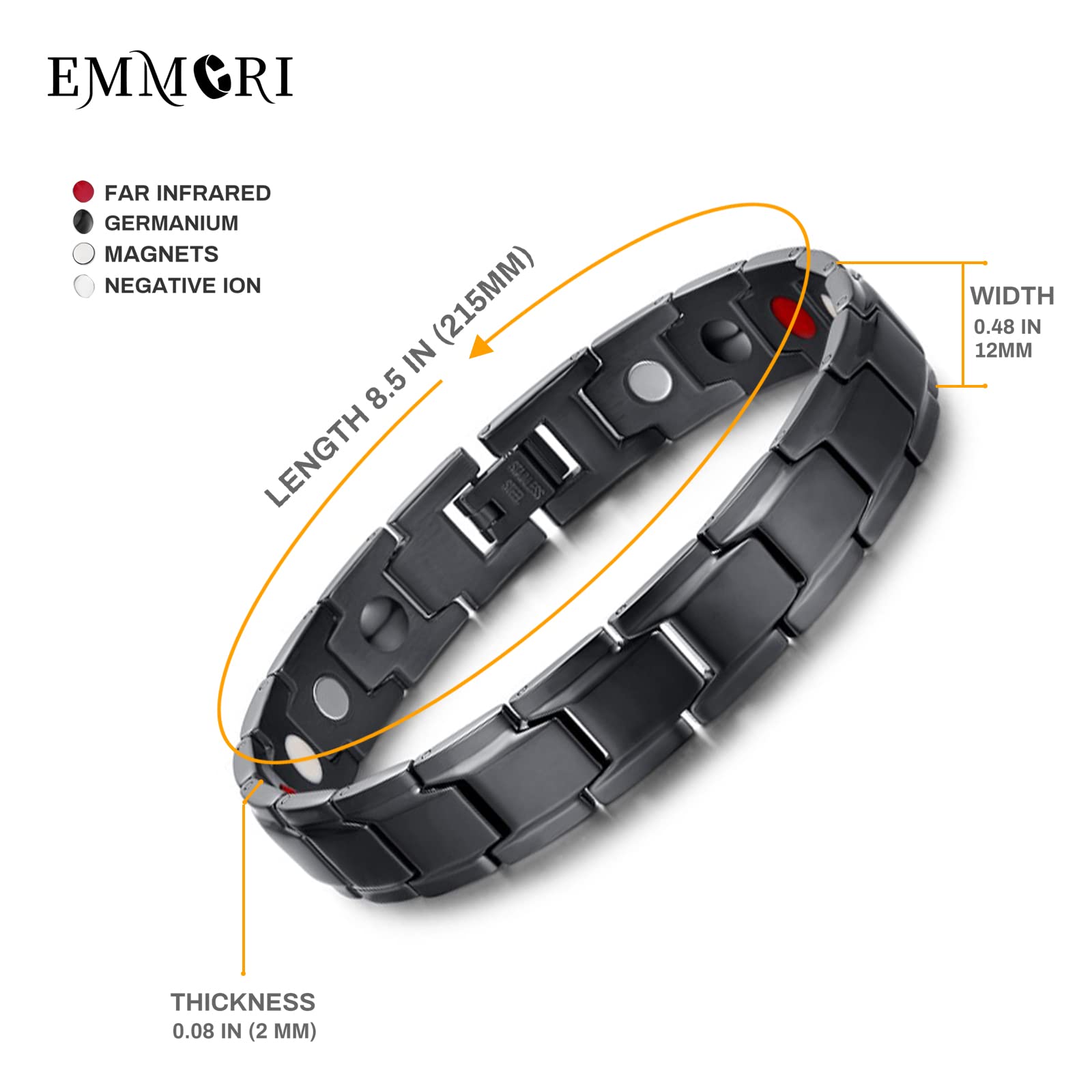 Bracelet magnétique Emmori noir avec fermoir sécurisé.
