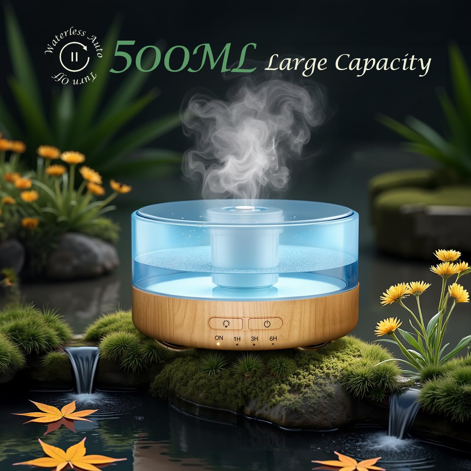 Ambiance relaxante Emochies, lumière chaude et brume légère pour détente.