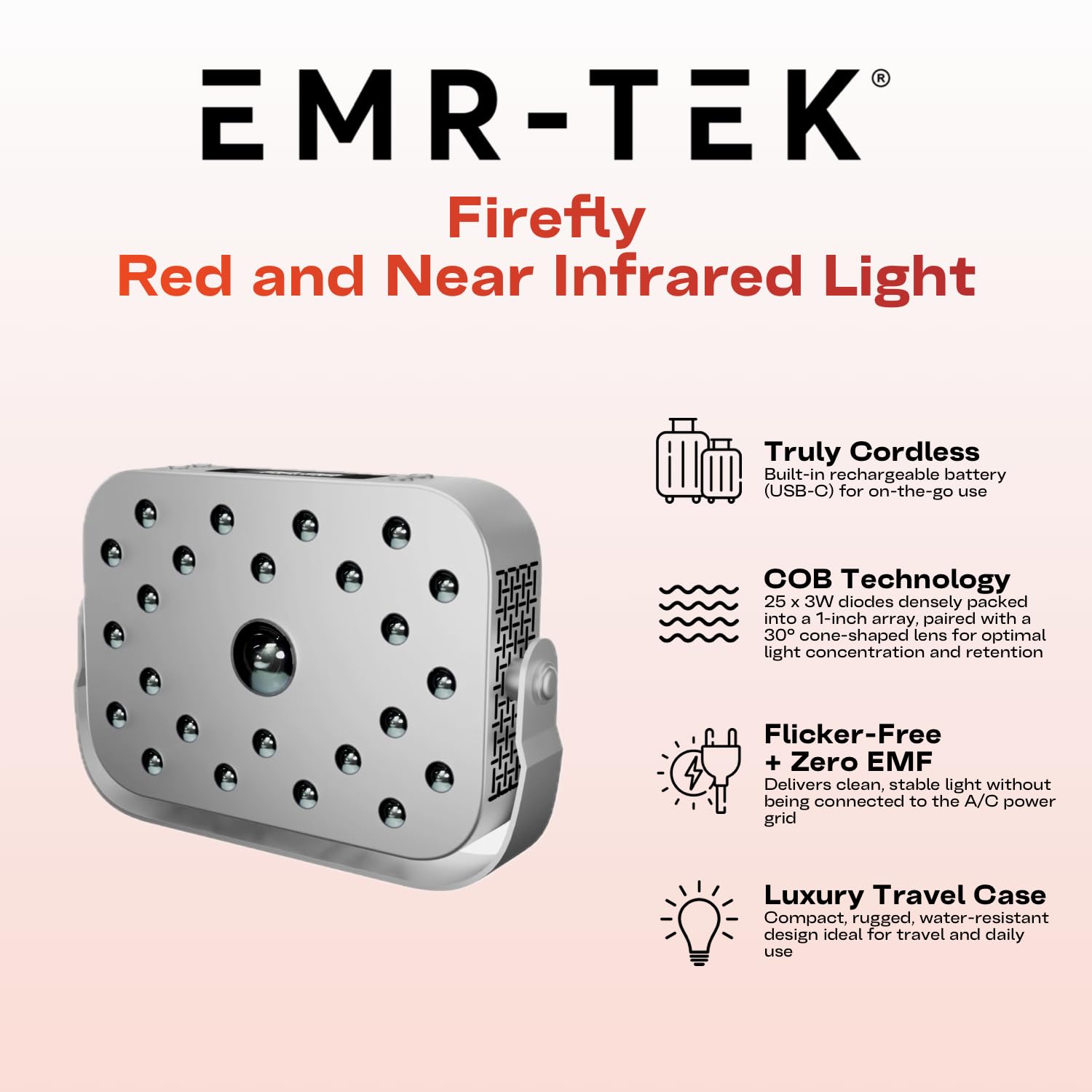 EMR-TEK FireFly: lumière infrarouge 830nm pour pénétration profonde et utilisation polyvalente.