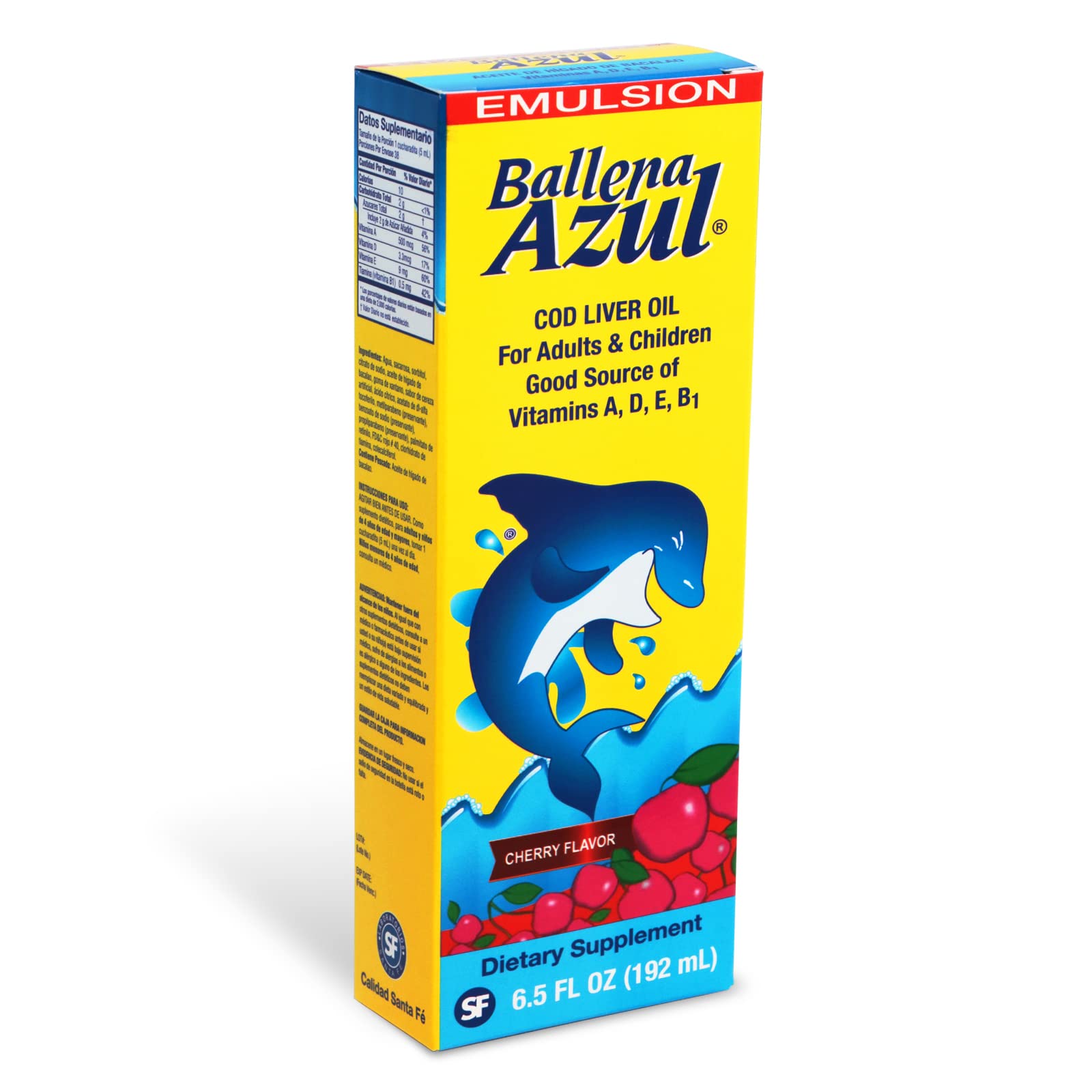 Ballena Azul Emulsion: étiquette affichant vitamines A, D, E et B1.