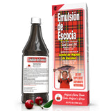 Bouteille d'Emulsion de Escocia huile de foie morue sur plan de travail.