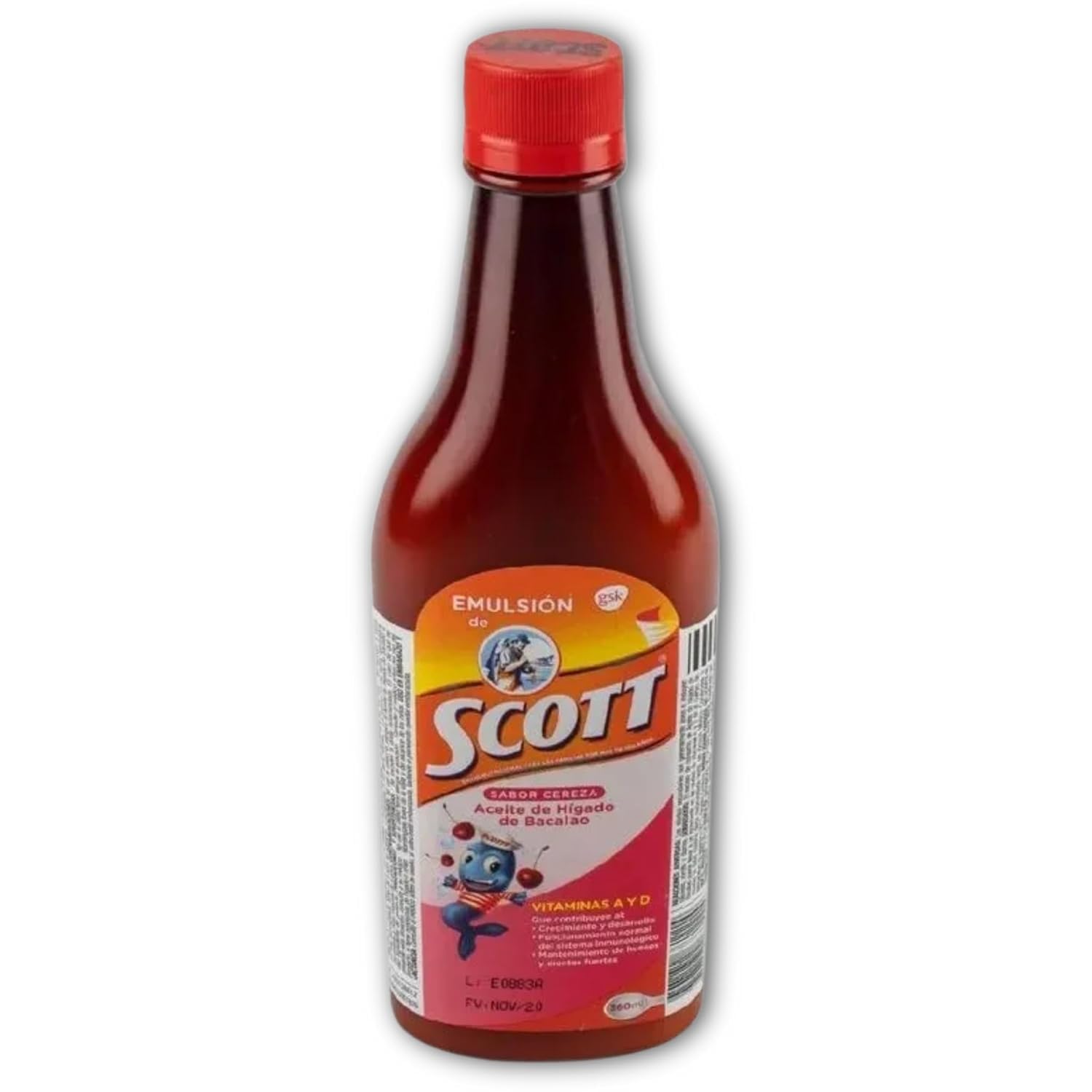 Emulsion de Scott, bouteille cerise, facilite la prise quotidienne et soutient la nutrition enfantine