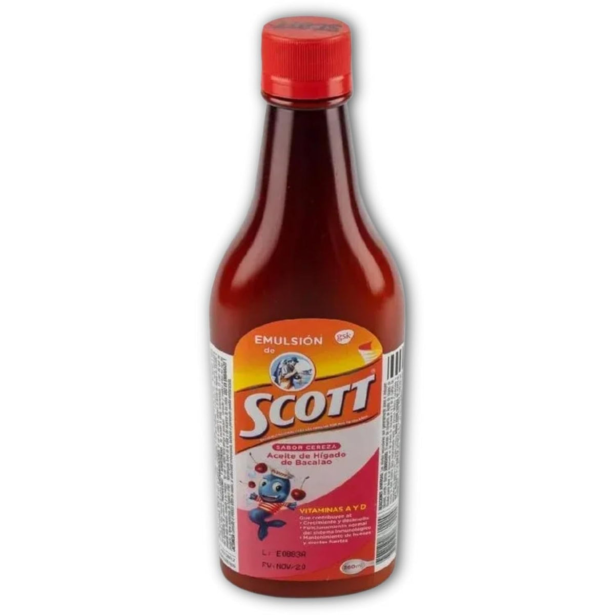 Emulsion de Scott, bouteille cerise, facilite la prise quotidienne et soutient la nutrition enfantine