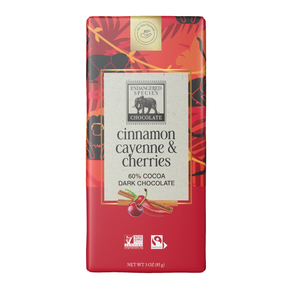 Emballage Endangered Species chocolat noir cannelle cayenne cerises – 12 barres par caisse