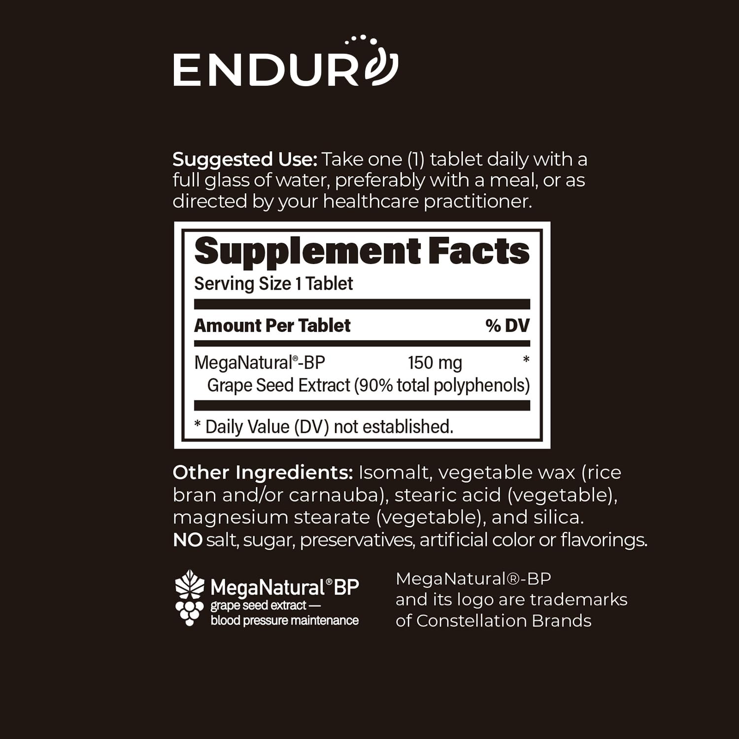 Endur MegaNatural-BP, étiquette lisible indiquant dosage et conseils.