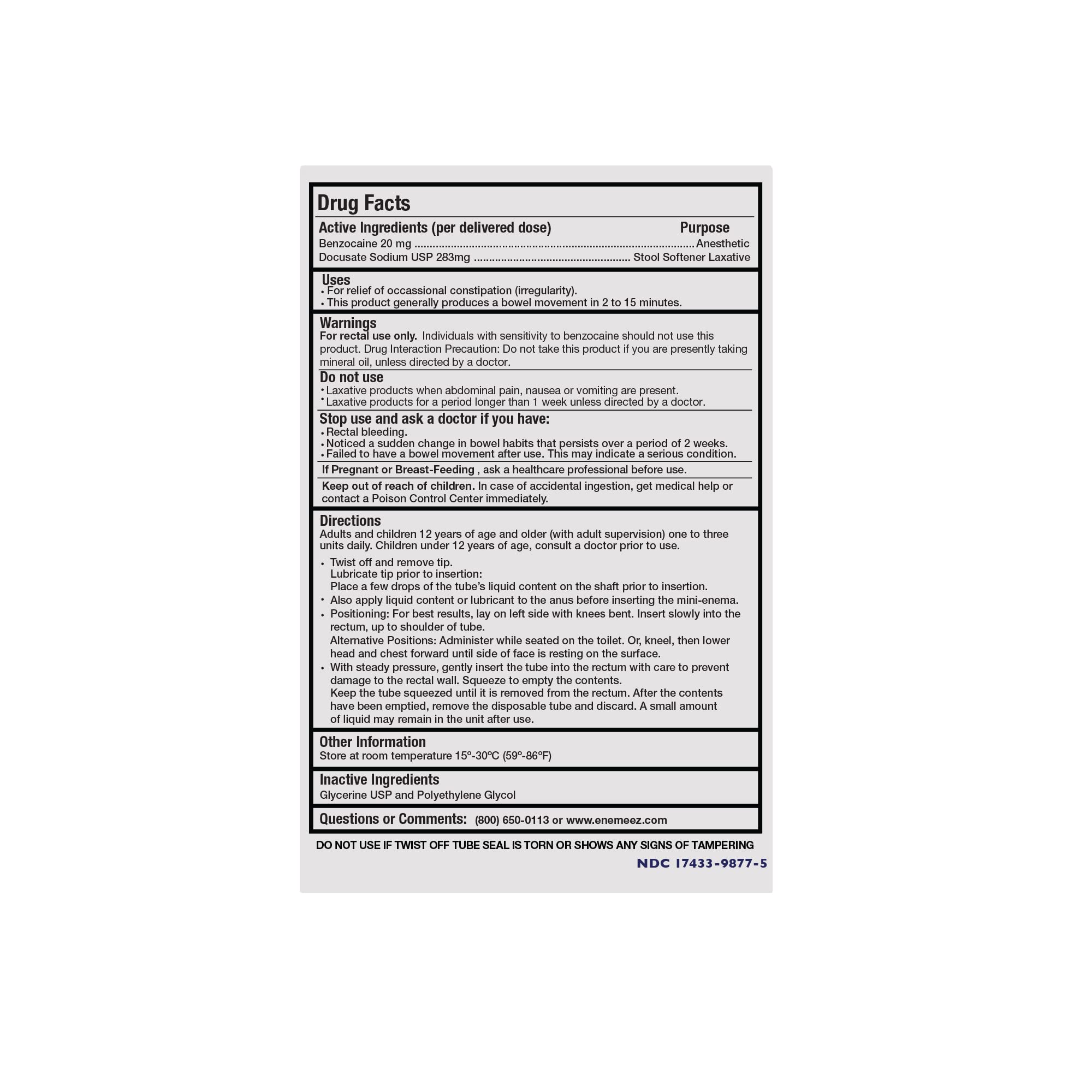 Enemeez Docusol Plus composition: 283 mg docusate sodique et 20 mg benzocaïne.