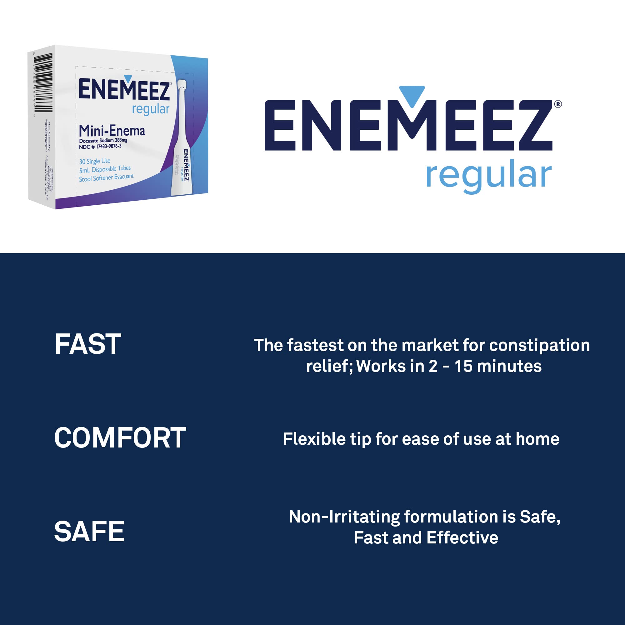 Enemeez Plus Mini Enema: emballage clair et étiquette détaillée pour une utilisation guidée.