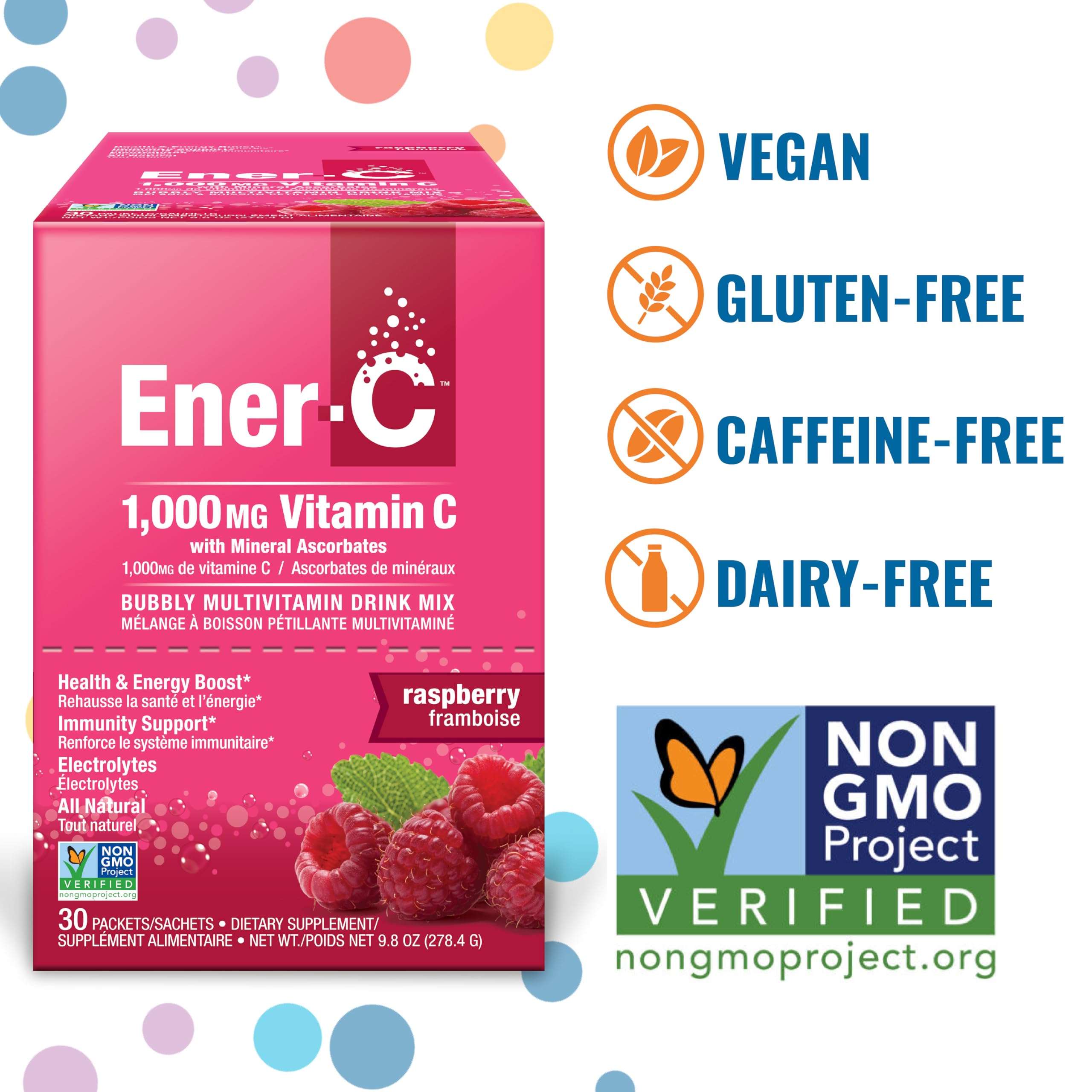 Ener-C arôme framboise, poudre vitamine, goût naturel et énergie légère.