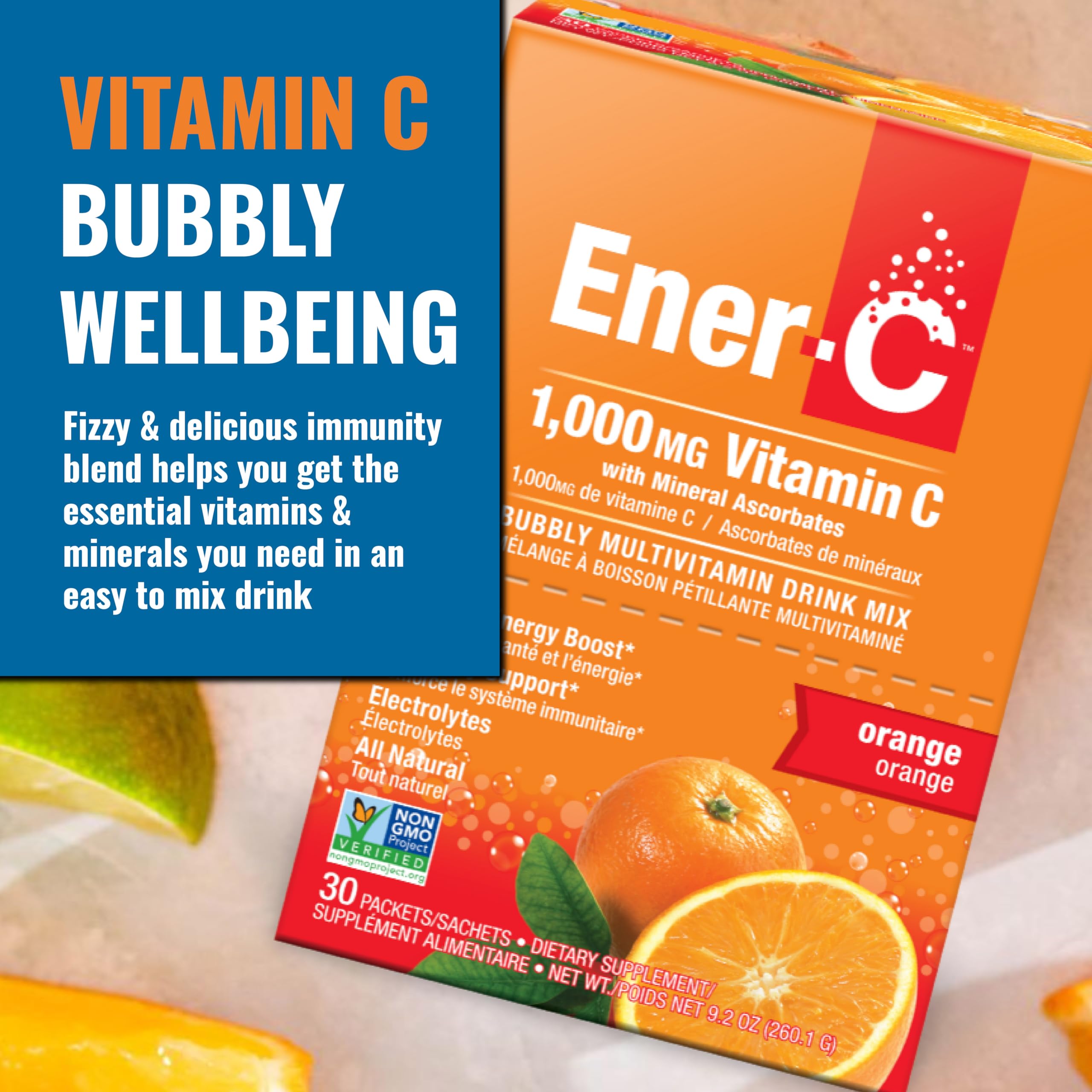 Ener-C Orange, eau et poudre dans un verre, hydratation rapide.
