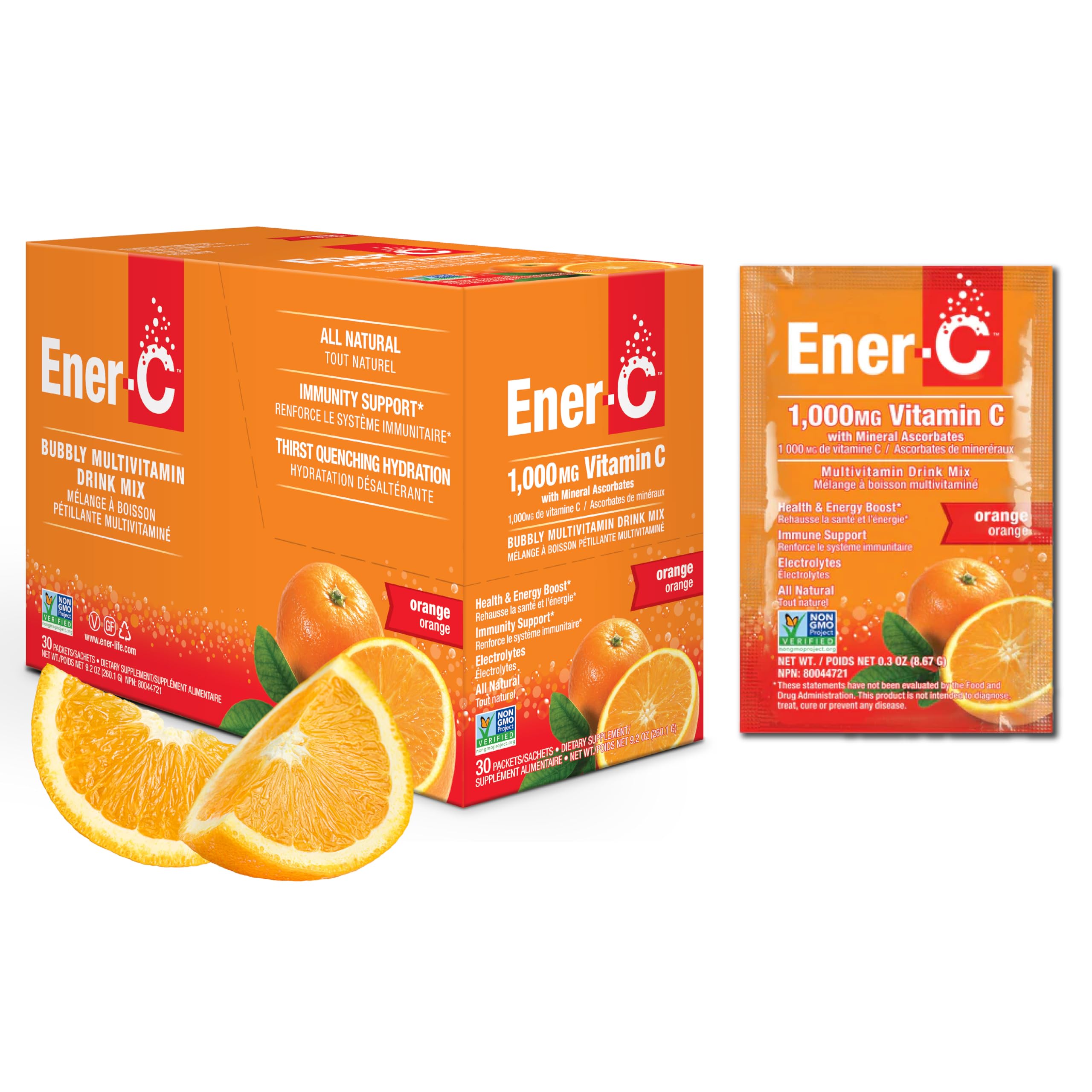 Ener-C Orange, sachet-individuel, pratique en déplacement pour vitamine C.