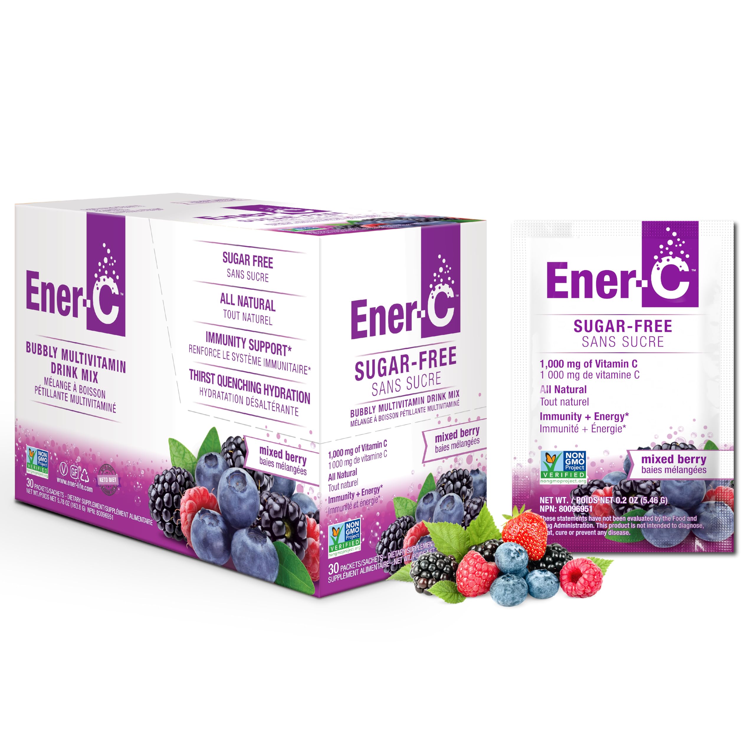 Sachet Ener-C hydratation fruits rouges prêt à être utilisé pour une boisson sans sucre.