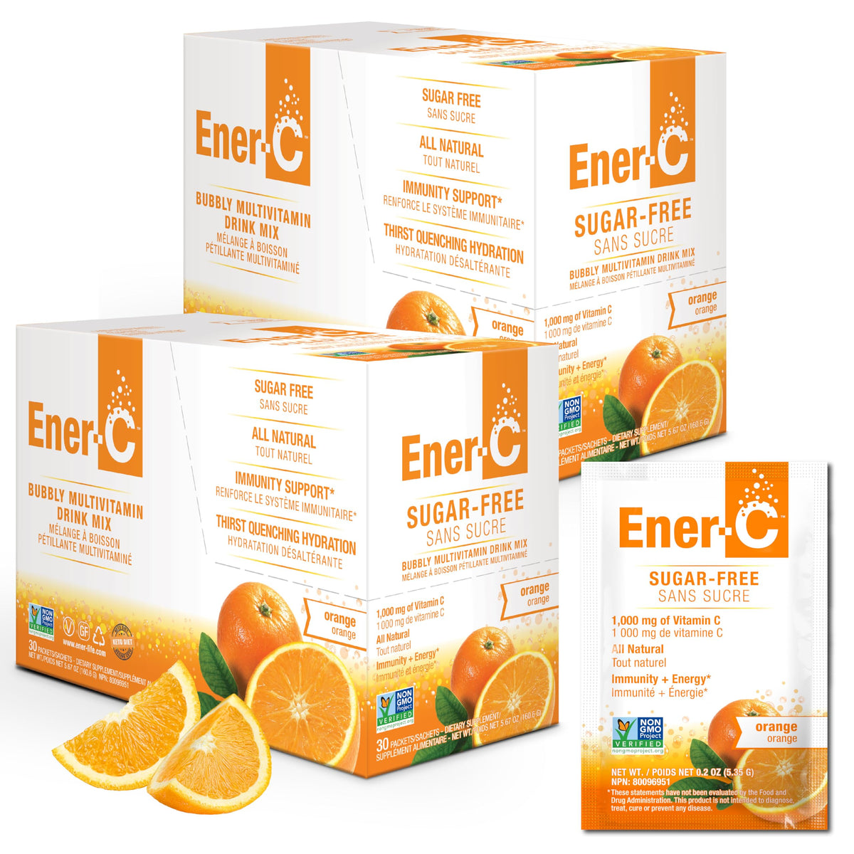 Ener-C sachets orange sans sucre pour hydratation pratique au quotidien.