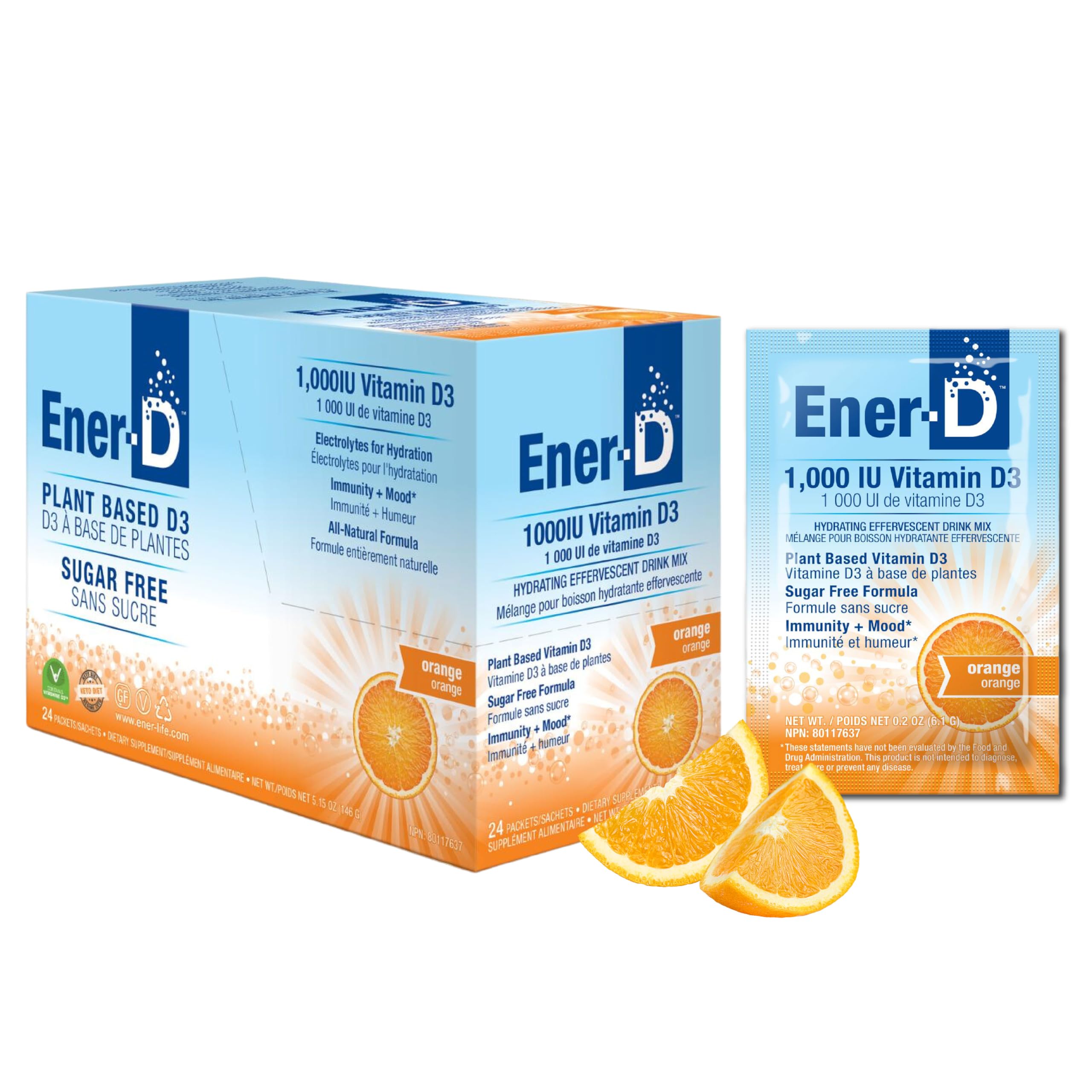 Ener-D sans sucre, poudre orange prête à être diluée pour hydrater.