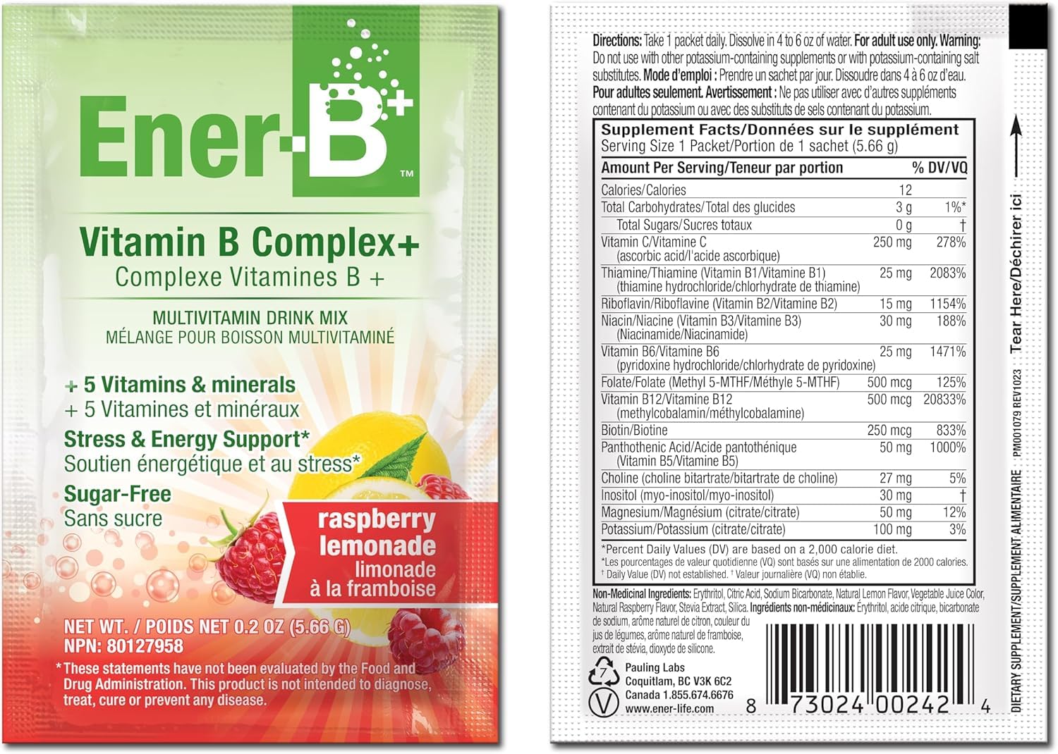Ener-B+ arôme framboise-citronnade, goût frais et fruité.
