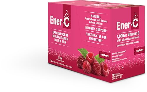 Ener-Life poudre framboise dans eau, mélange facile et rapide.