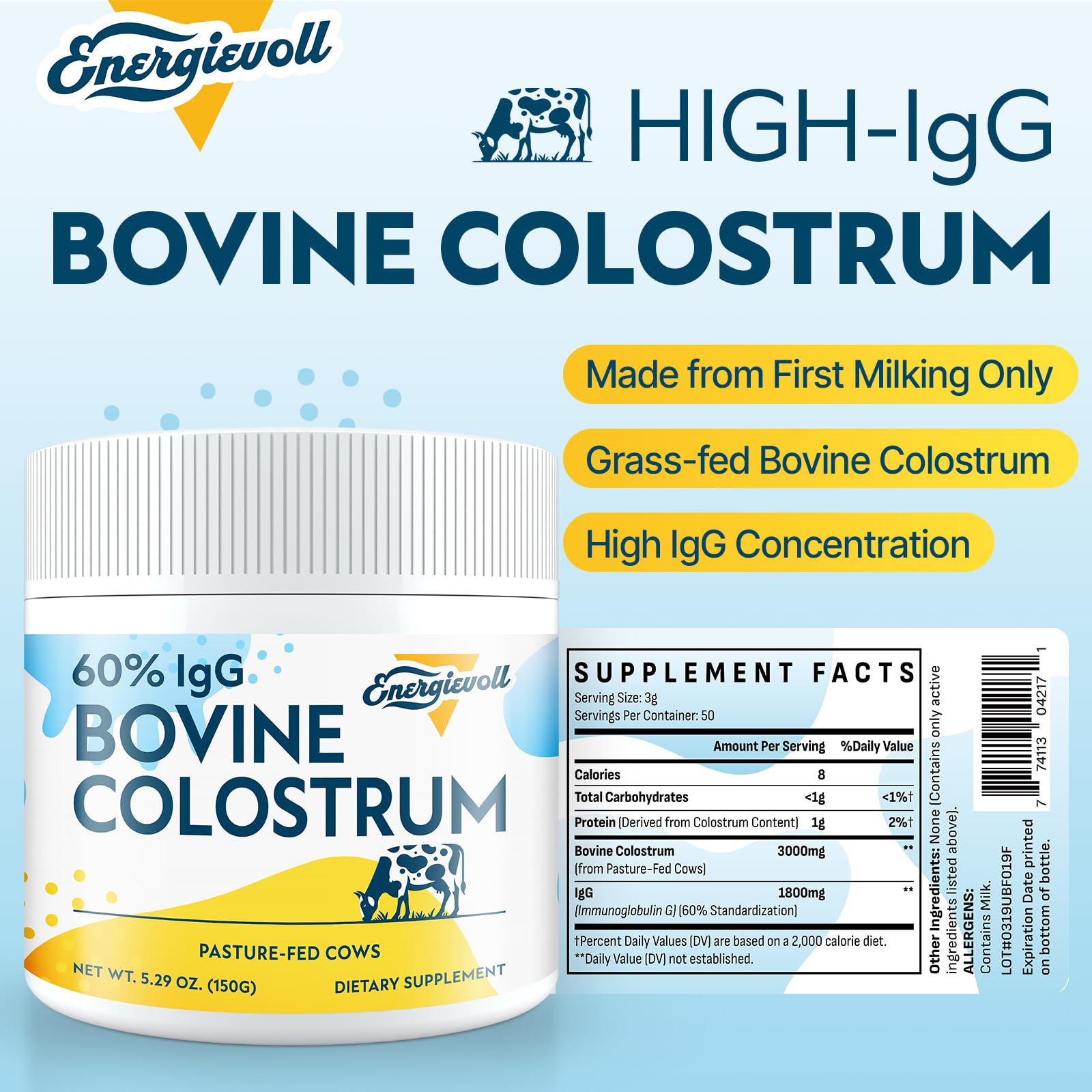 Energievoll Colostrum Poudre cuillère mesurée 3 g, dosage pratique au quotidien
