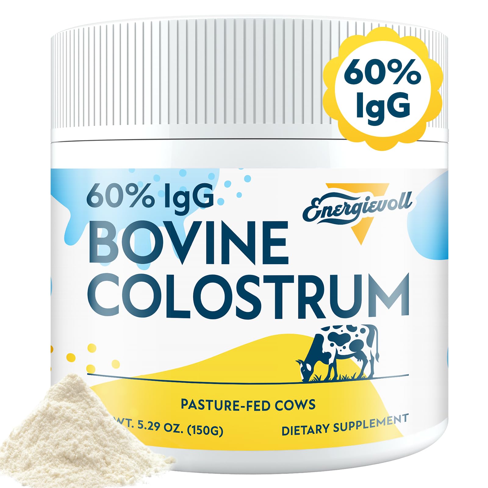 Energievoll Colostrum Poudre emballage visible, soutien potentiel du bien-être intestinal