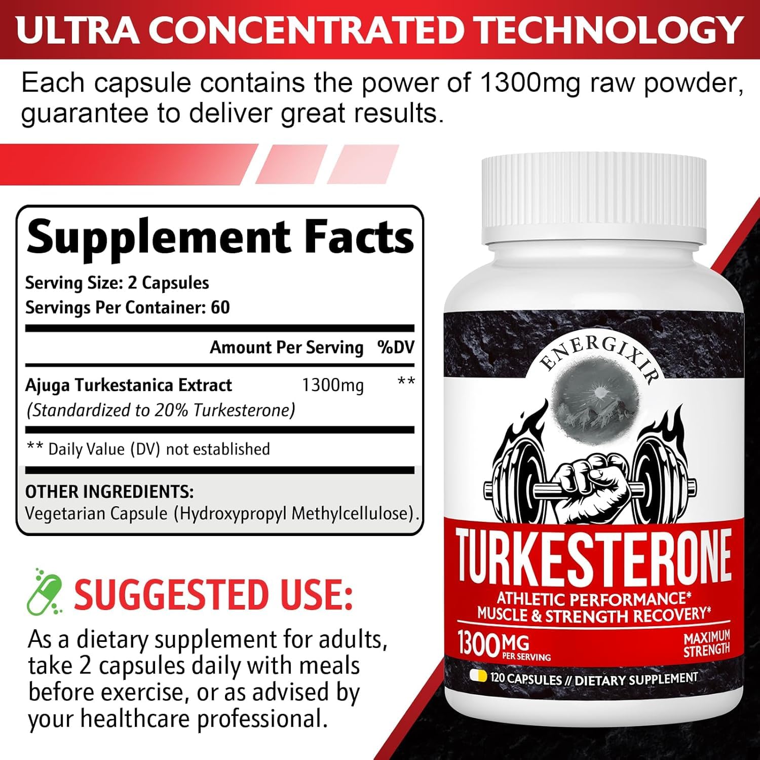 Capsules Energixir 1300mg prêtes à avaler pour soutenir energie et performance.