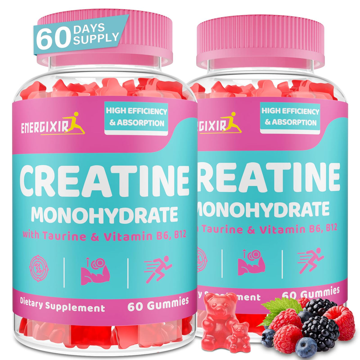 Gommes Energixir Créatine pour femmes au goût fruité, énergie et récupération possibles.
