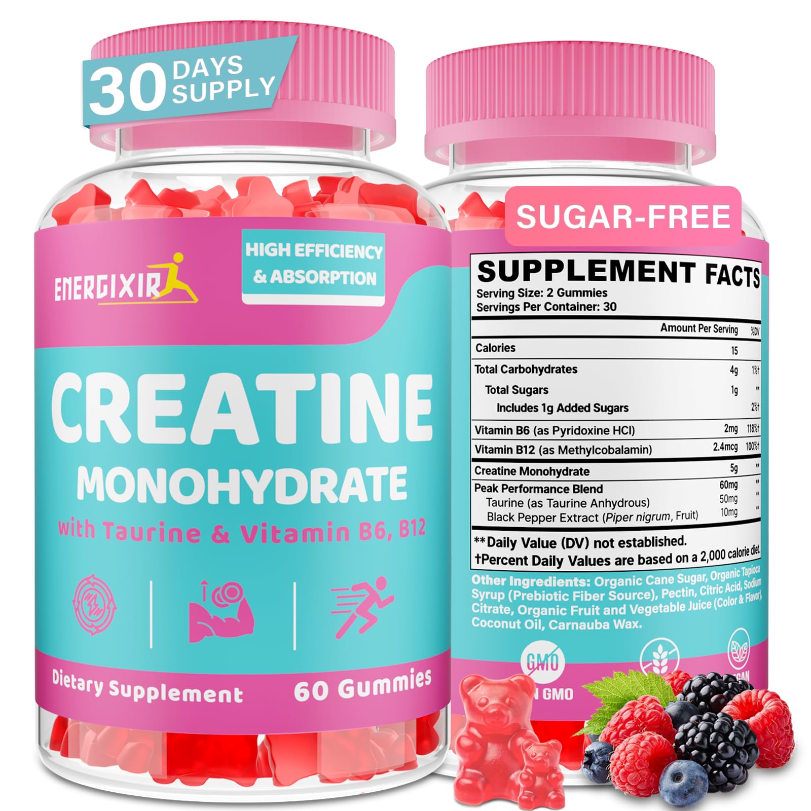 Gommes Energixir Creatine pour pré et post-entraînement, soutien potentiel.