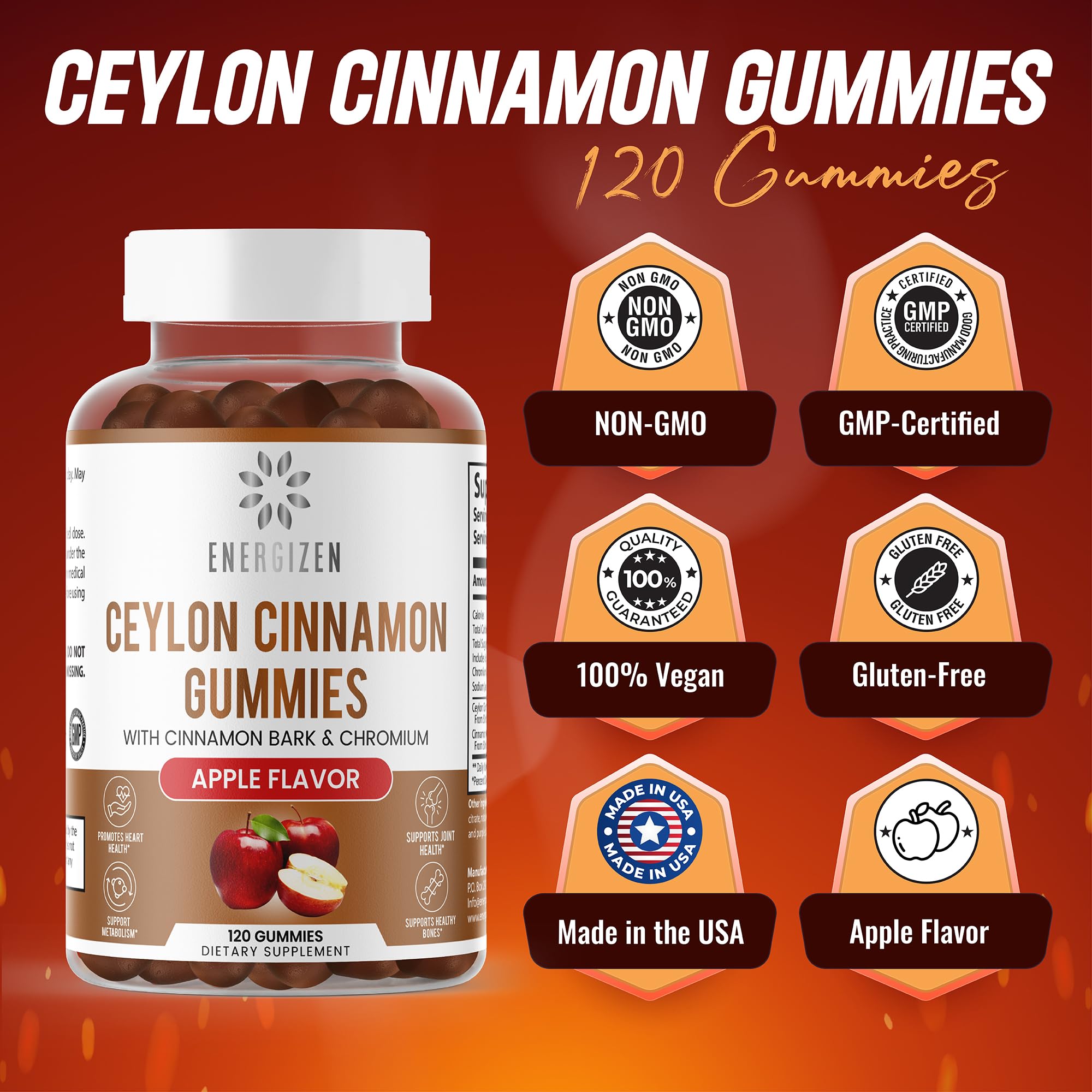 Énergizen Cannelle-Chromium Gummies goût pomme naturel, plaisir sans sucre.