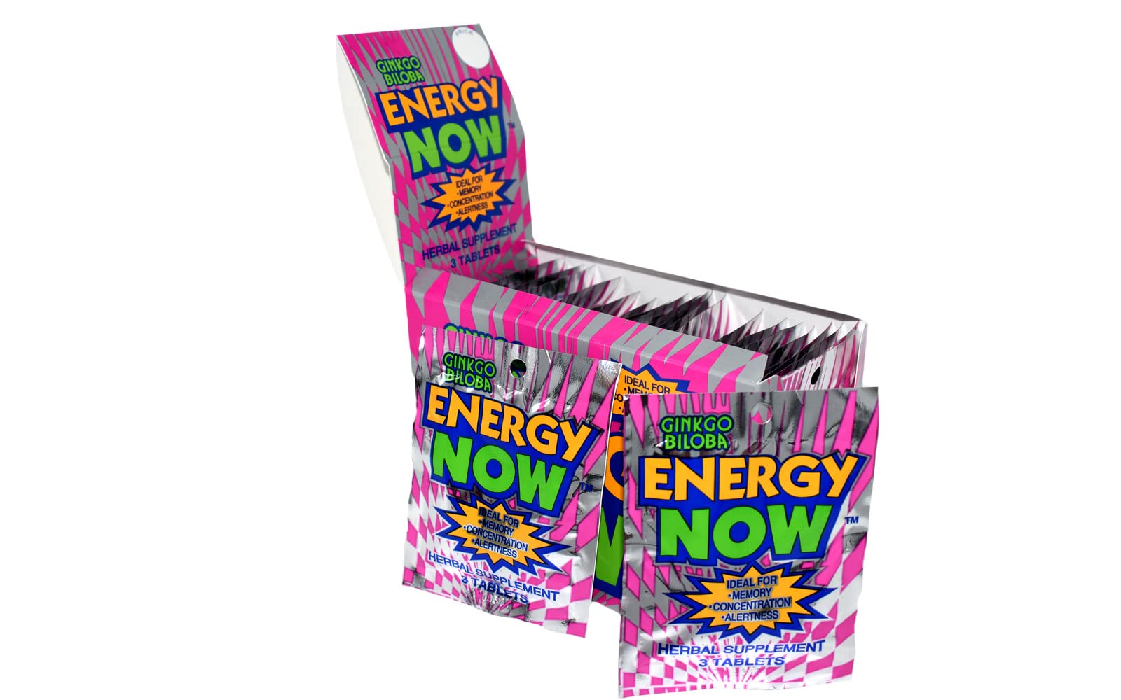 Étiquette Energy Now Ginkgo Biloba sur emballage, design clair.