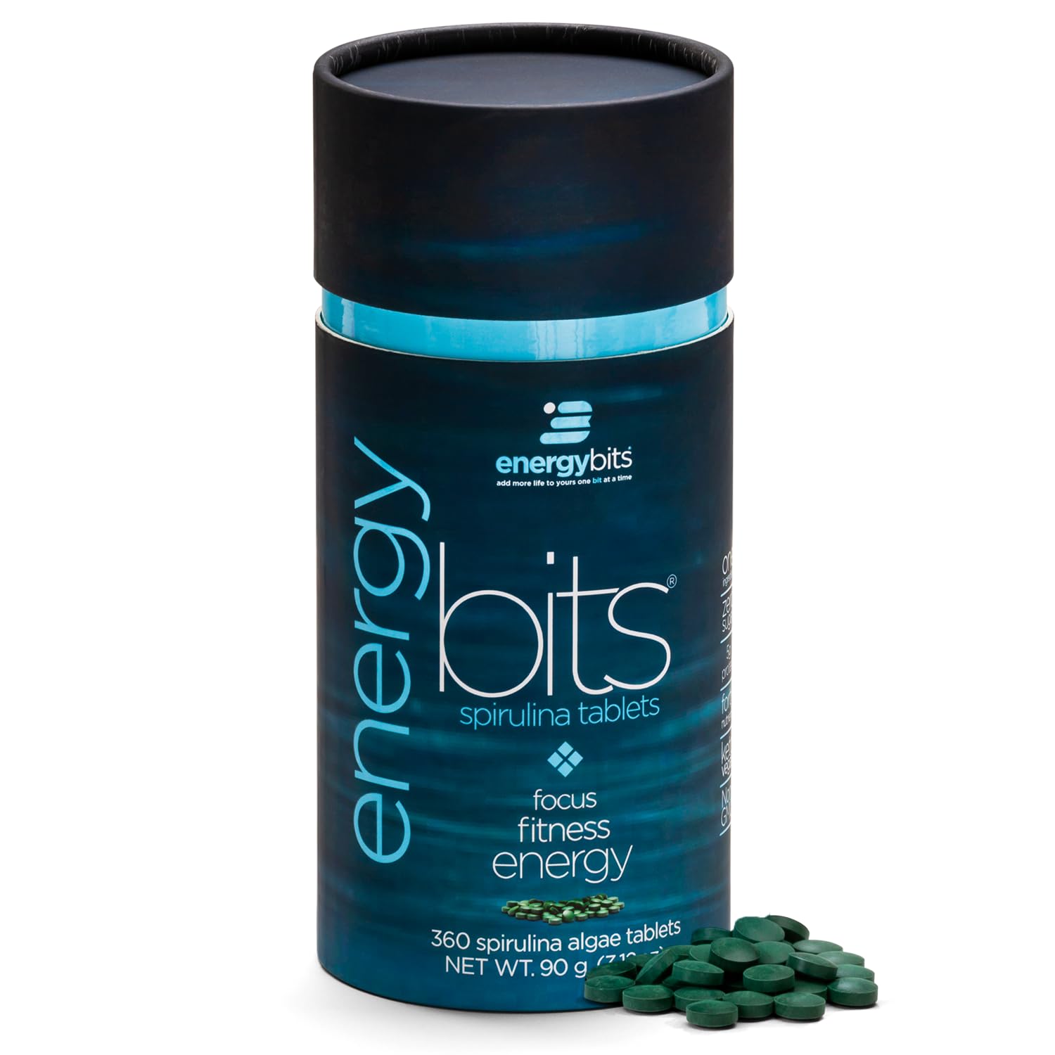 ENERGYBITS – Bouteille de comprimés de spiruline, énergie durable et concentration naturelle.